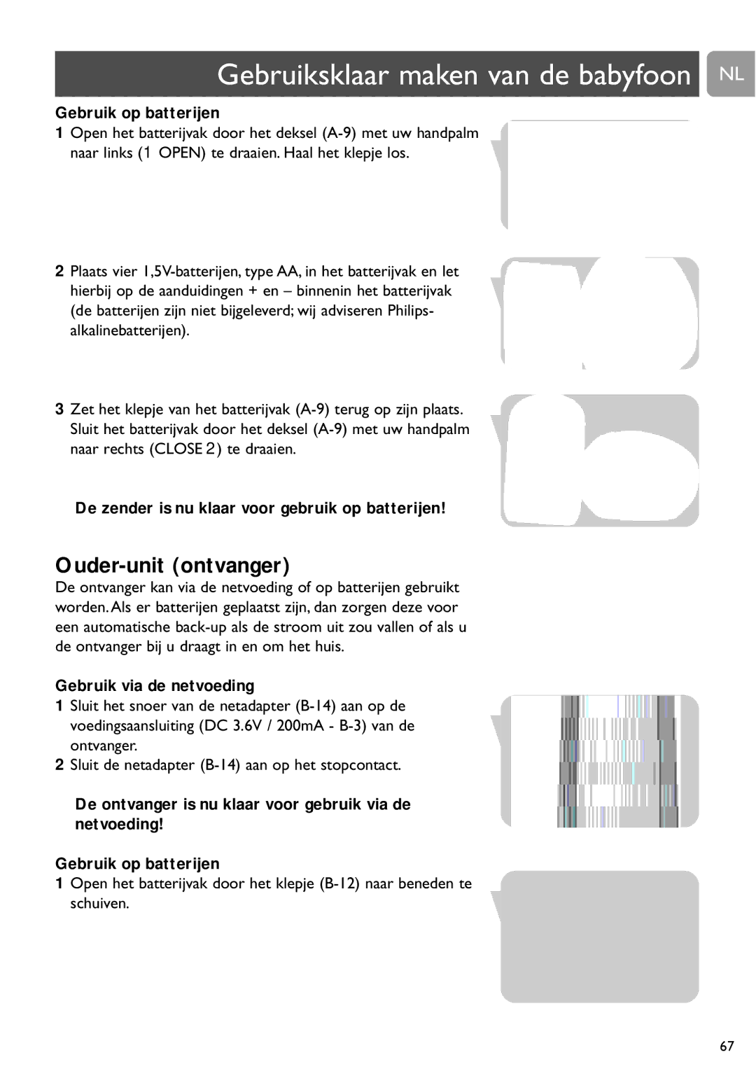 Philips SCD487 user manual Gebruiksklaar maken van de babyfoon NL, Gebruik op batterijen 