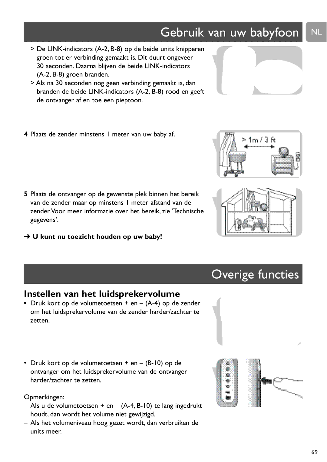 Philips SCD487 user manual Gebruik van uw babyfoon NL, Overige functies, Instellen van het luidsprekervolume 