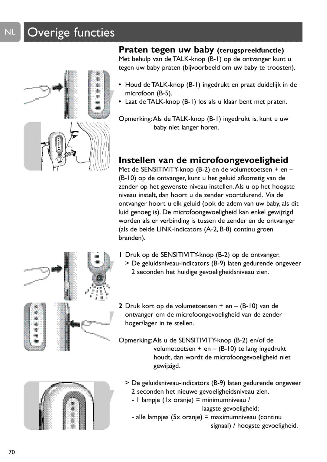 Philips SCD487 NL Overige functies, Praten tegen uw baby terugspreekfunctie, Instellen van de microfoongevoeligheid 