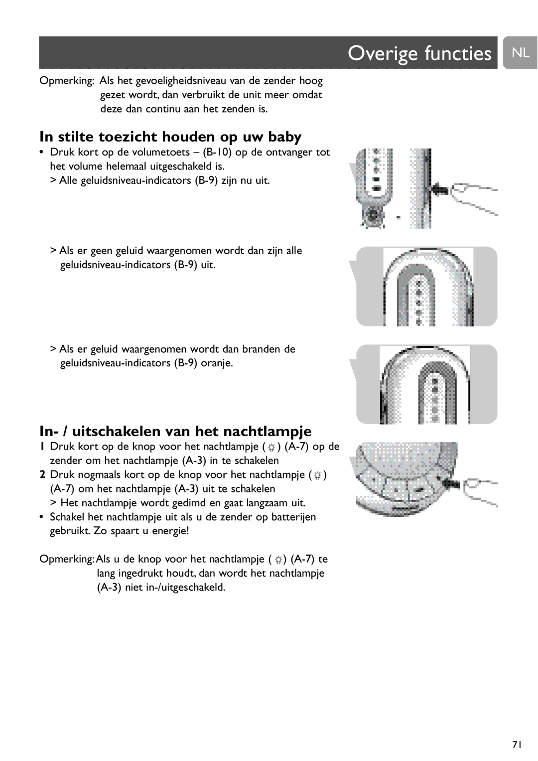 Philips SCD487 user manual Overige functies NL, Stilte toezicht houden op uw baby, In- / uitschakelen van het nachtlampje 