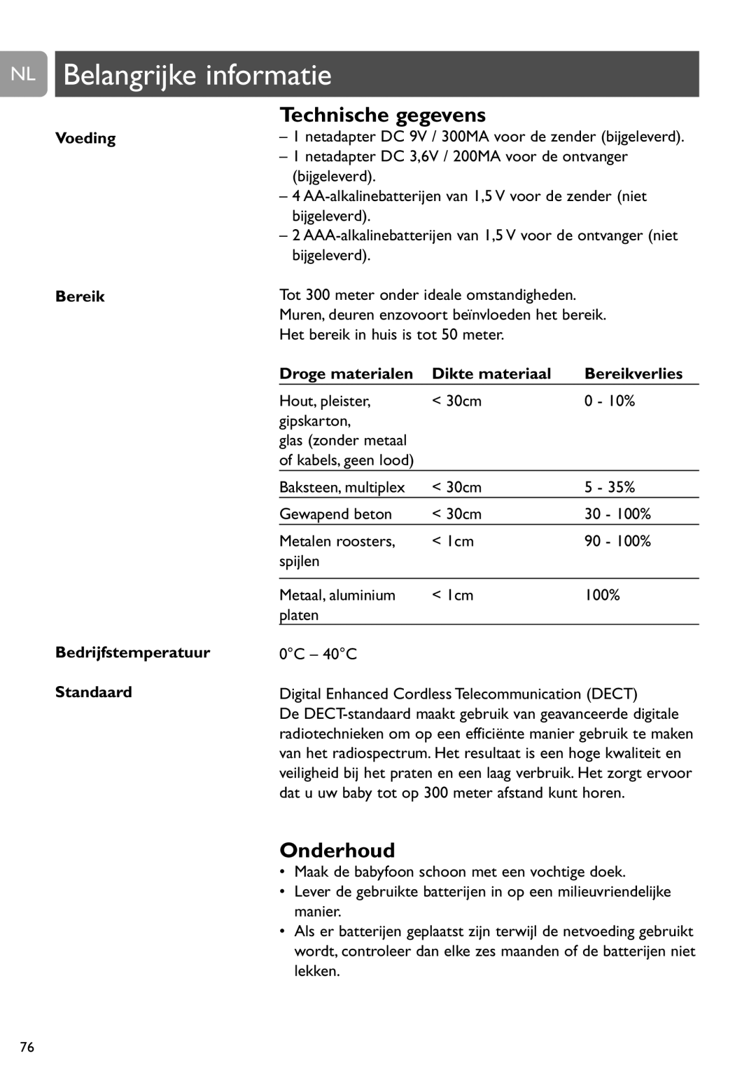 Philips SCD487 user manual NL Belangrijke informatie, Technische gegevens, Onderhoud, Voeding, Bereik 