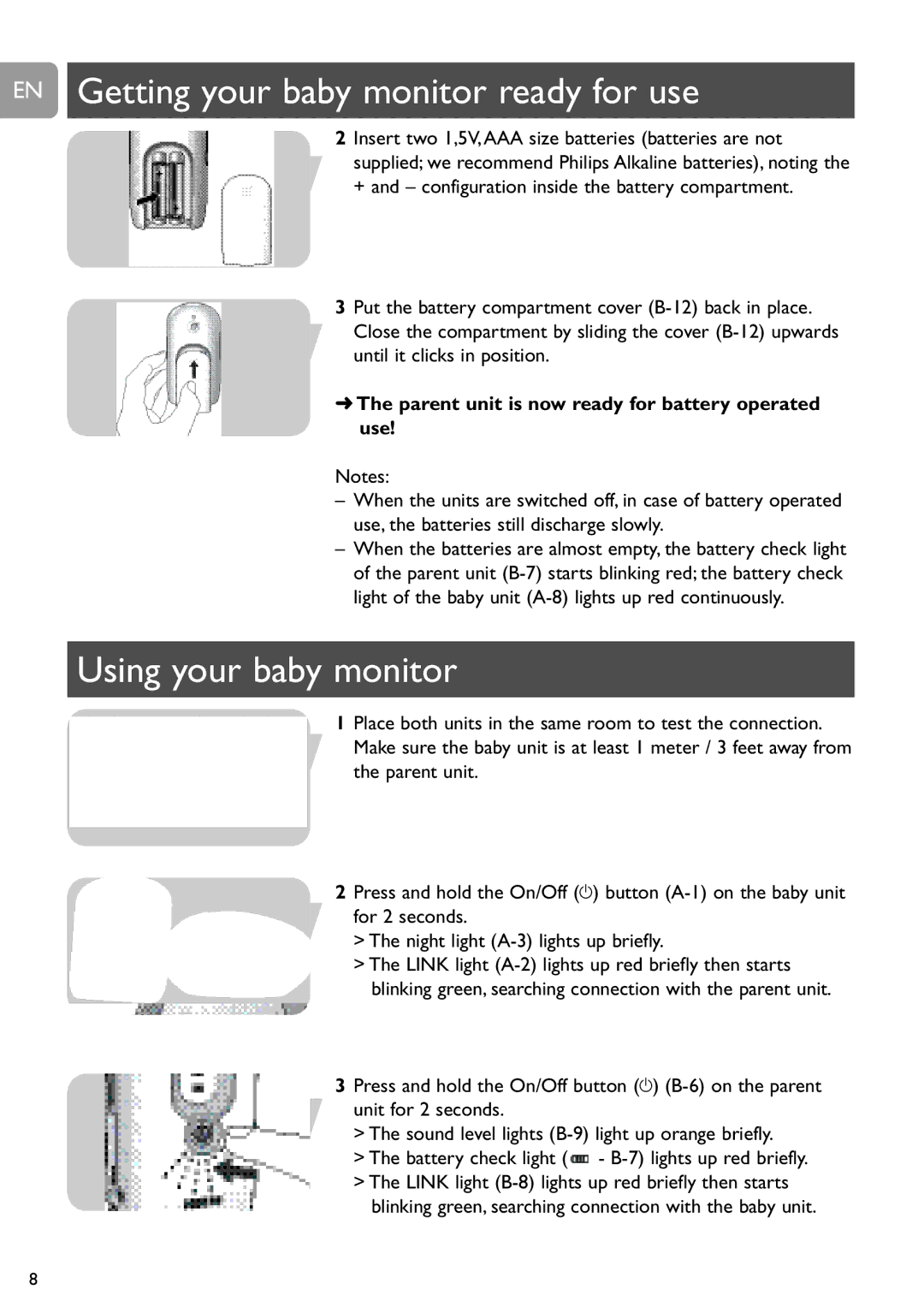 Philips SCD487 user manual EN Getting your baby monitor ready for use, Using your baby monitor 