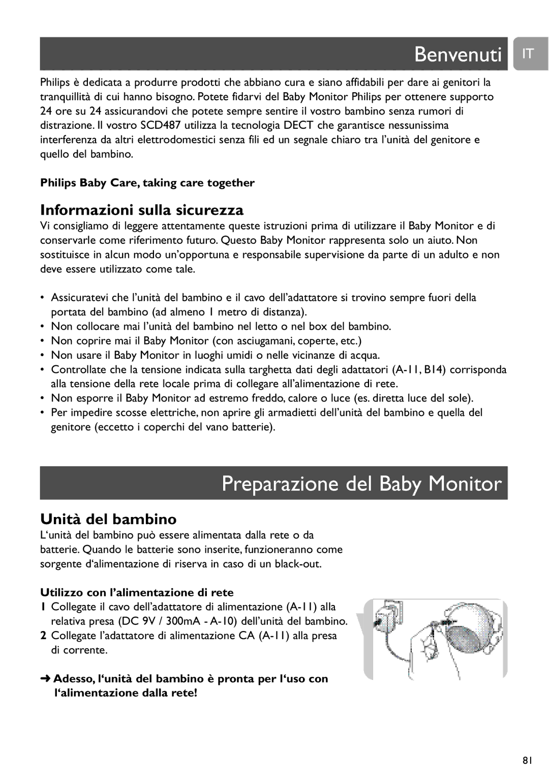 Philips SCD487 user manual Benvenuti IT, Preparazione del Baby Monitor, Informazioni sulla sicurezza 