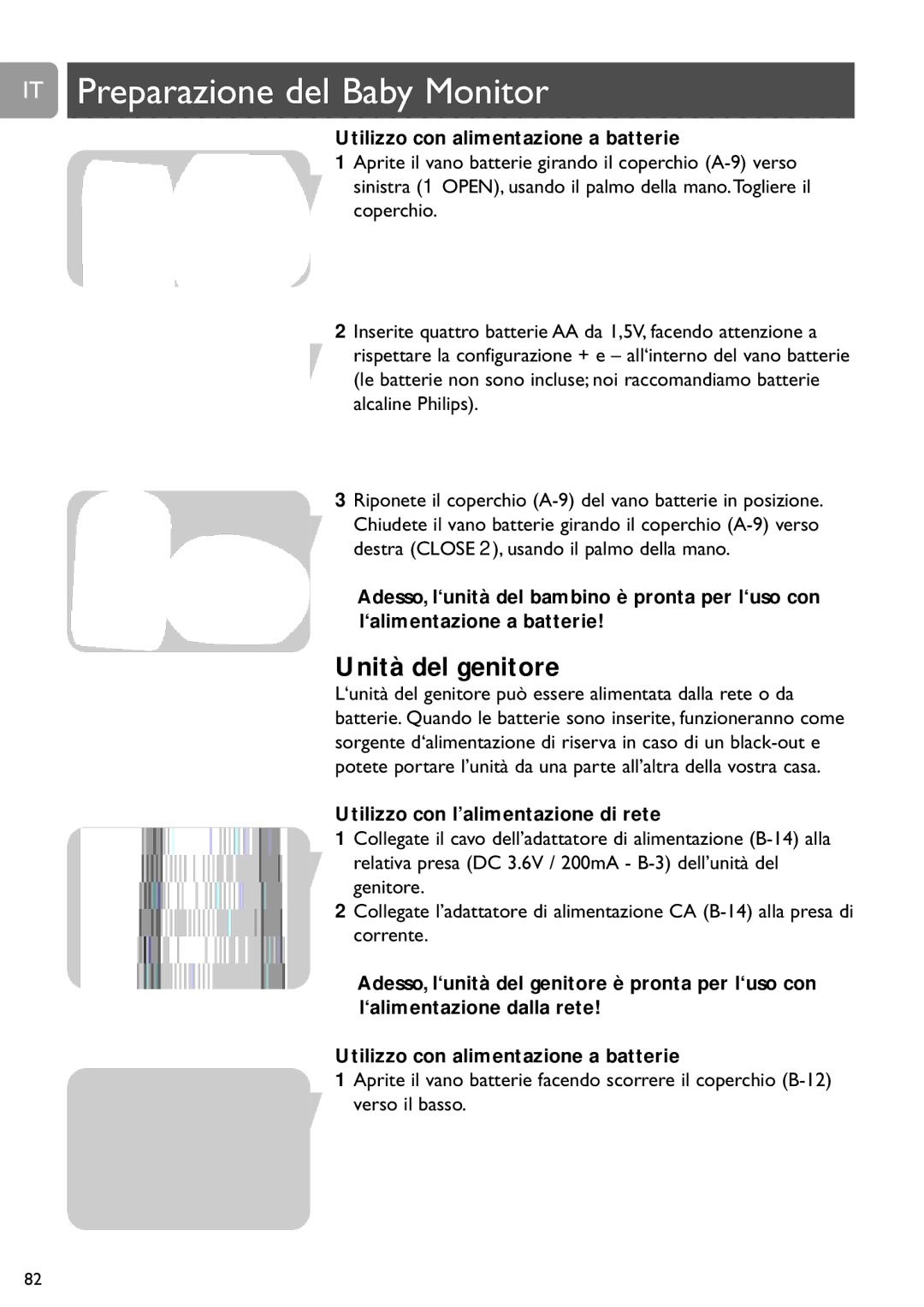 Philips SCD487 user manual IT Preparazione del Baby Monitor, Utilizzo con alimentazione a batterie 