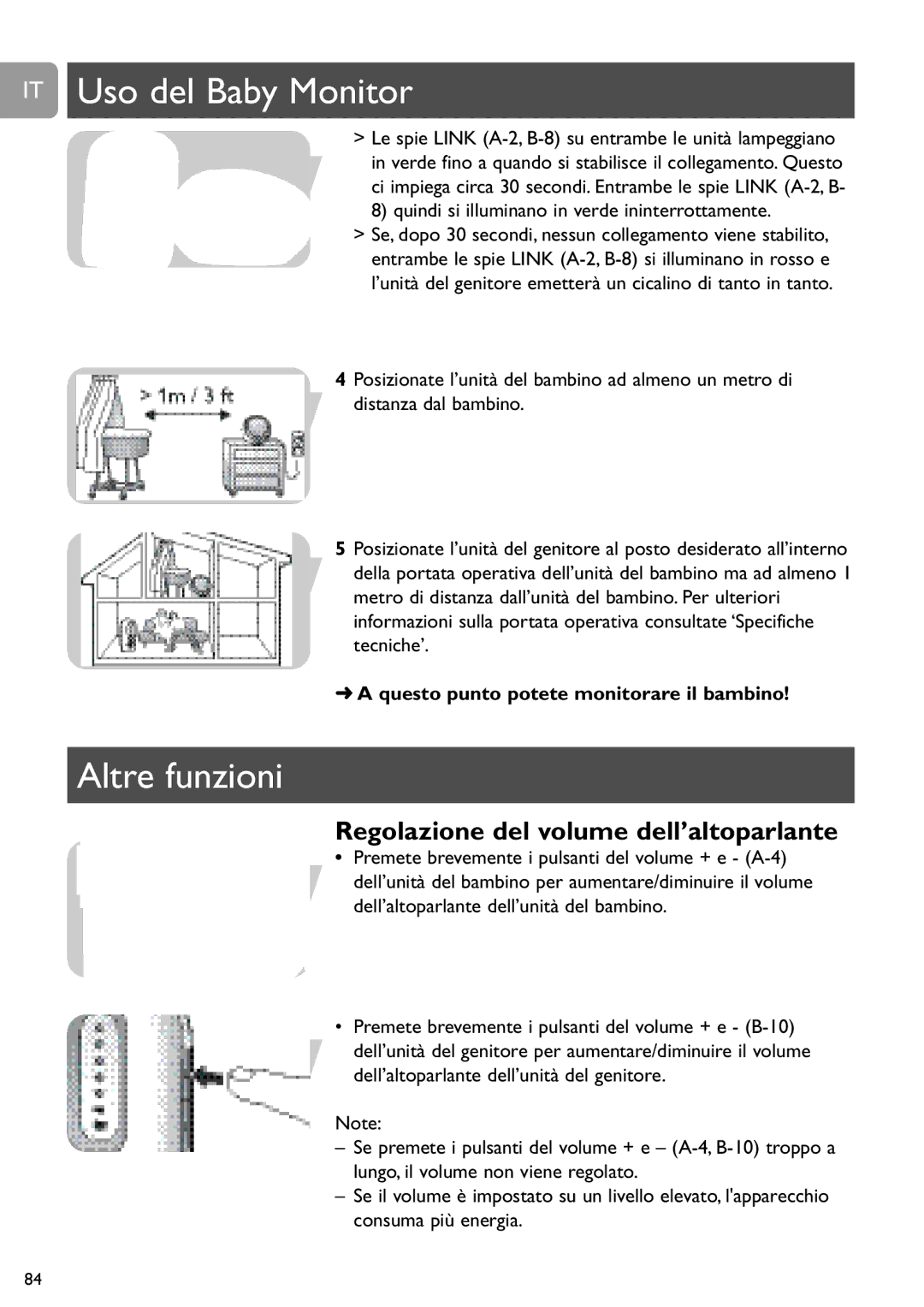 Philips SCD487 user manual IT Uso del Baby Monitor, Altre funzioni, Regolazione del volume dell’altoparlante 