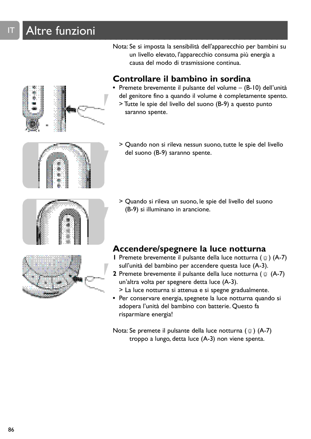 Philips SCD487 user manual IT Altre funzioni, Controllare il bambino in sordina, Accendere/spegnere la luce notturna 