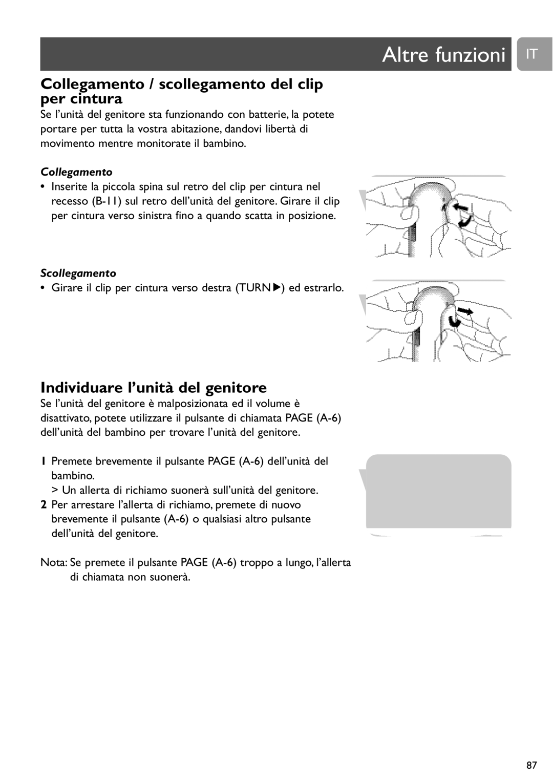 Philips SCD487 user manual Collegamento / scollegamento del clip per cintura, Individuare l’unità del genitore 