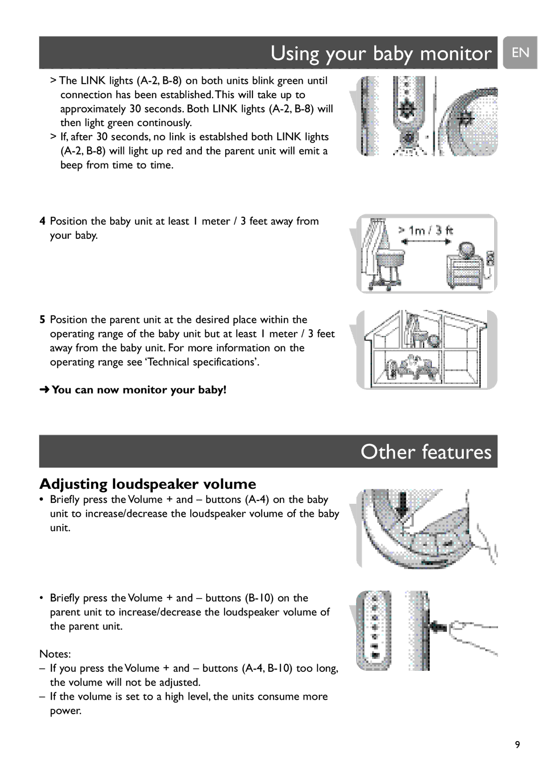 Philips SCD487 Using your baby monitor EN, Other features, Adjusting loudspeaker volume, You can now monitor your baby 