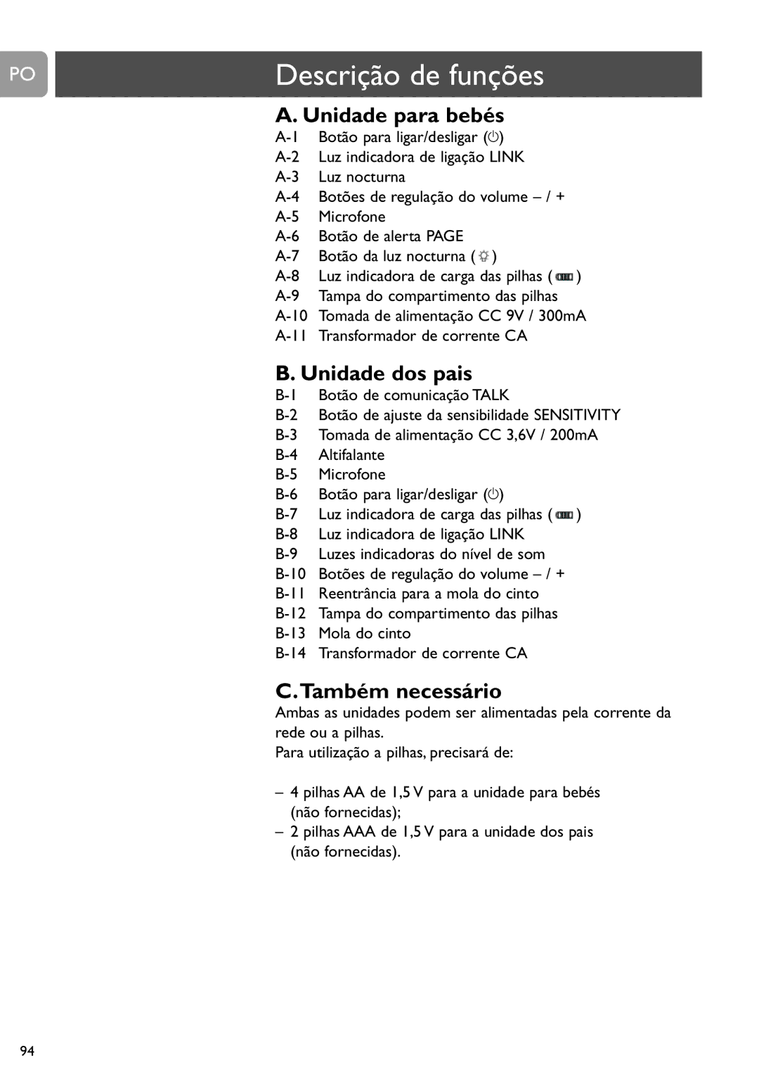 Philips SCD487 user manual Descrição de funções, Unidade para bebés, Unidade dos pais, Também necessário 