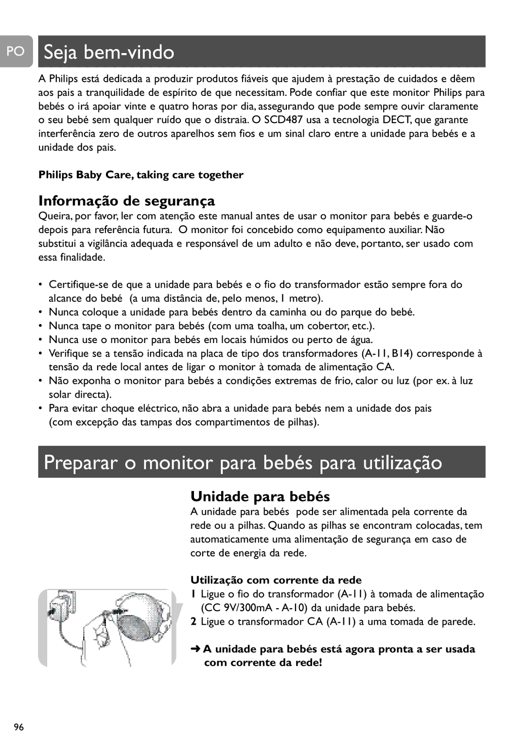 Philips SCD487 user manual PO Seja bem-vindo, Preparar o monitor para bebés para utilização, Informação de segurança 