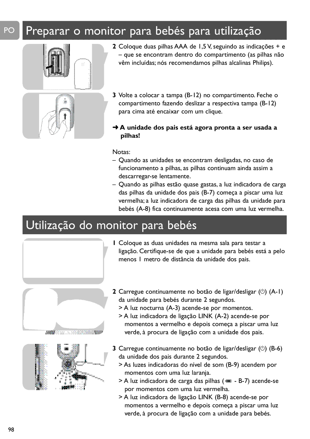 Philips SCD487 user manual PO Preparar o monitor para bebés para utilização, Utilização do monitor para bebés 