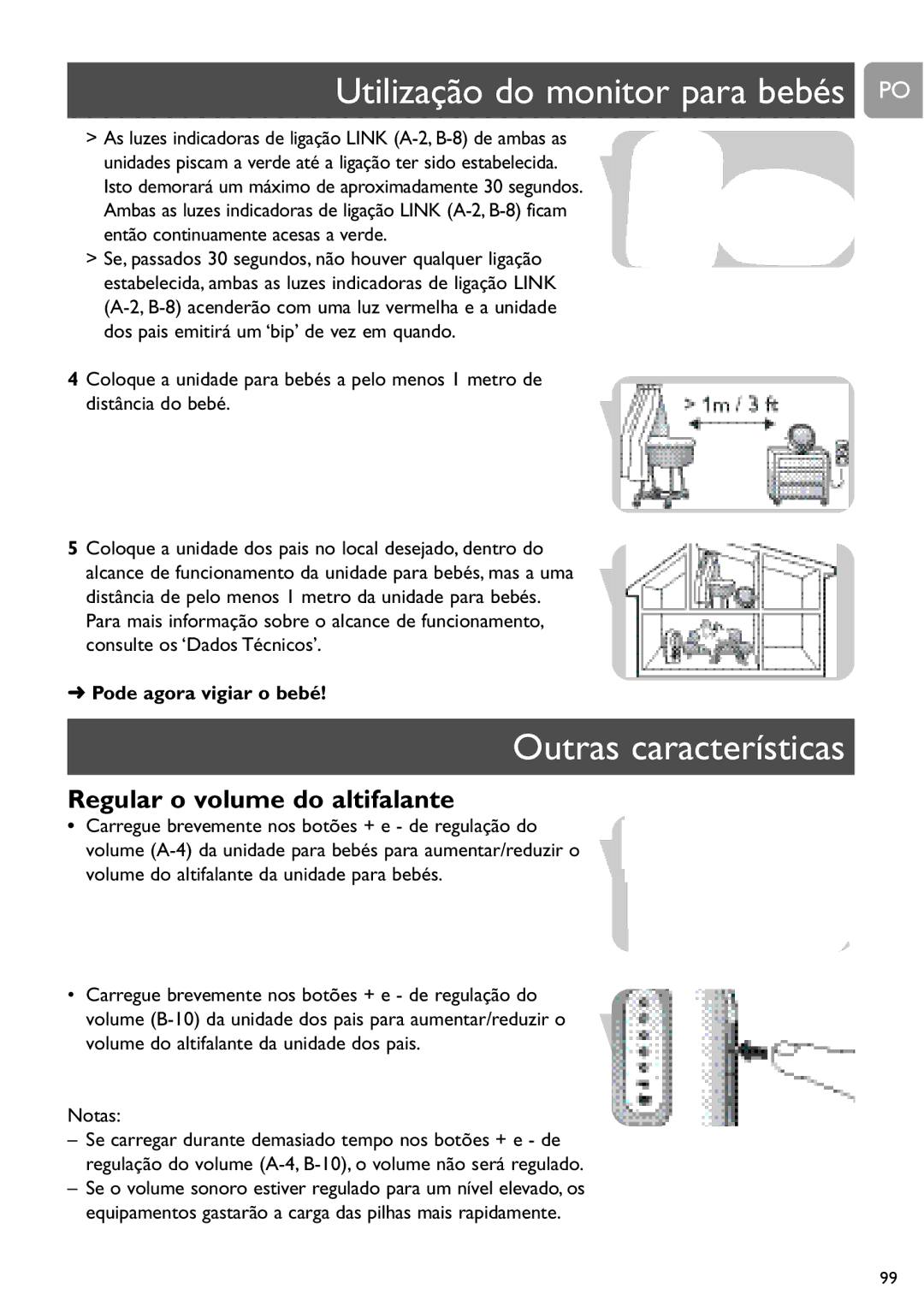 Philips SCD487 user manual Utilização do monitor para bebés PO, Outras características, Regular o volume do altifalante 