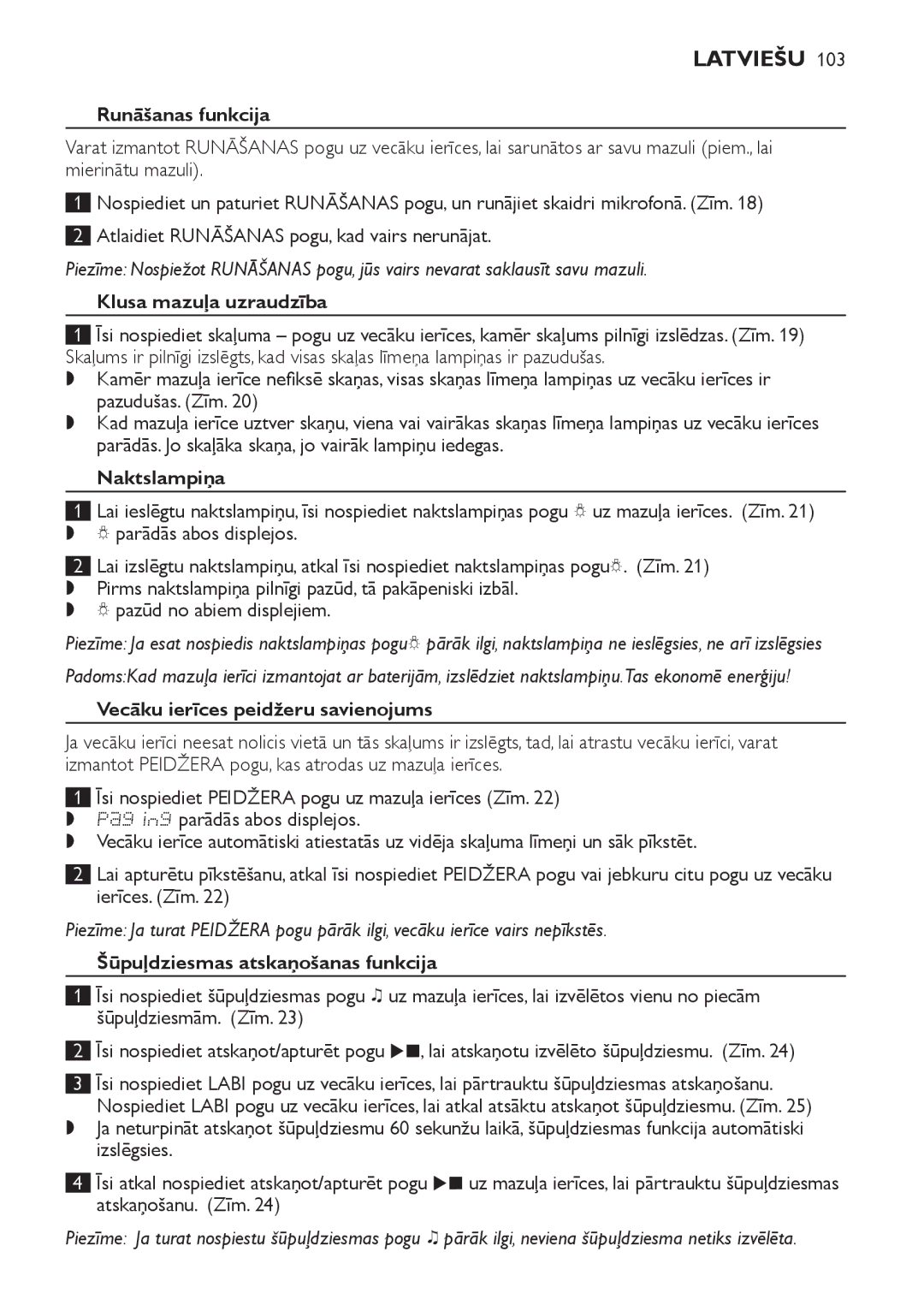 Philips SCD489 manual Runāšanas funkcija, Klusa mazuļa uzraudzība, Naktslampiņa, Vecāku ierīces peidžeru savienojums 