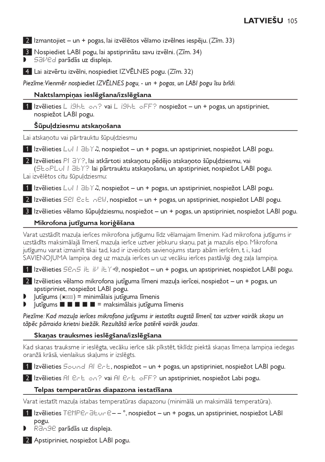 Philips SCD489 manual Naktslampiņas ieslēgšana/izslēgšana, Šūpuļdziesmu atskaņošana, Mikrofona jutīguma koriģēšana 