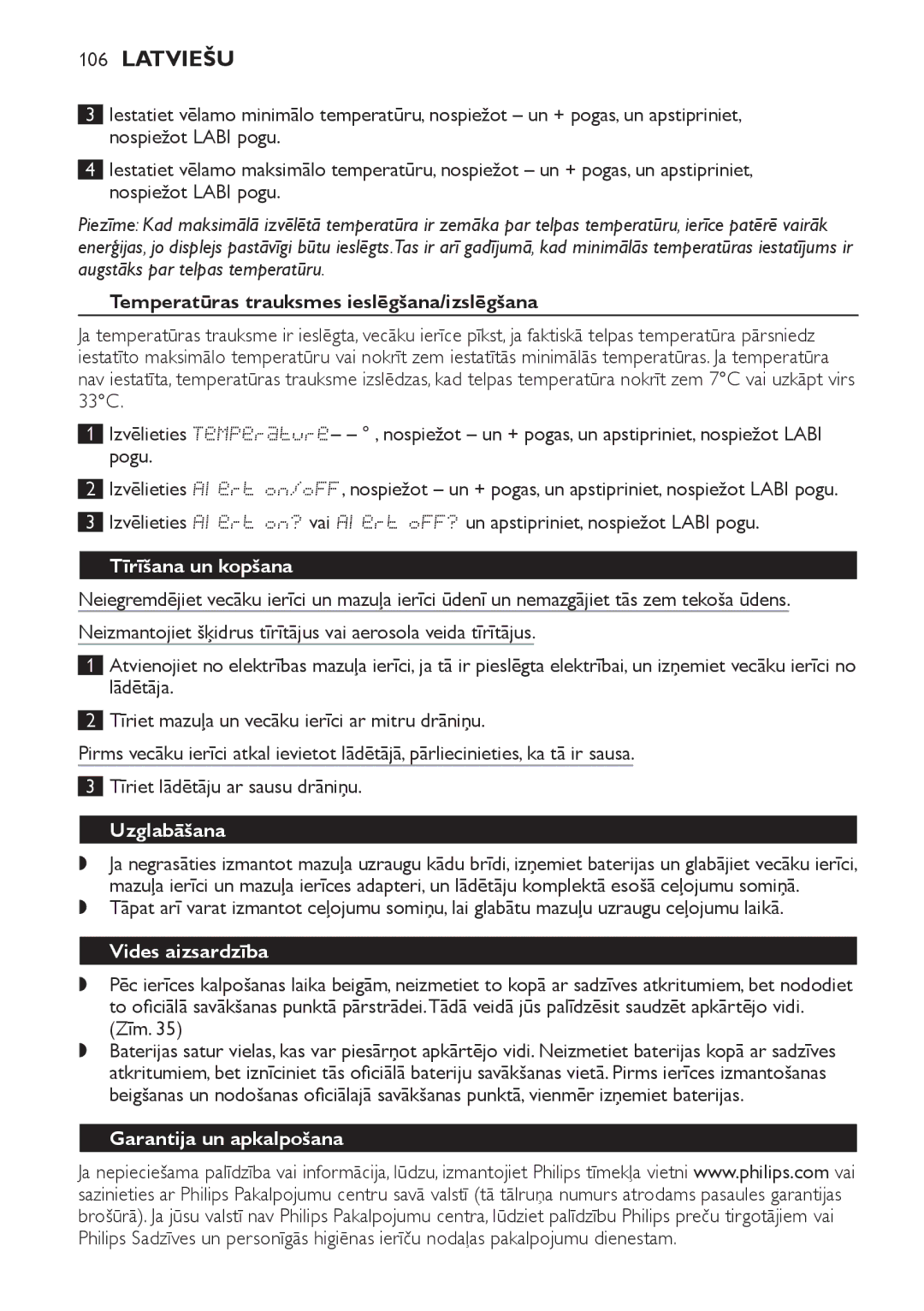 Philips SCD489 manual Temperatūras trauksmes ieslēgšana/izslēgšana, Tīrīšana un kopšana, Uzglabāšana, Vides aizsardzība 