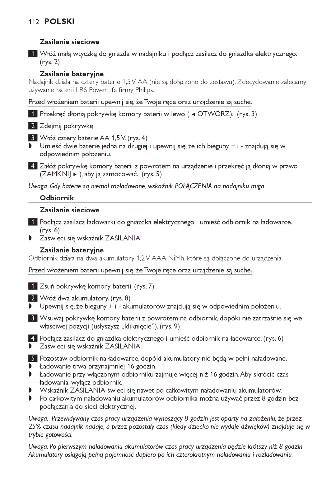 Philips SCD489 manual Zasilanie bateryjne, Odbiornik Zasilanie sieciowe 