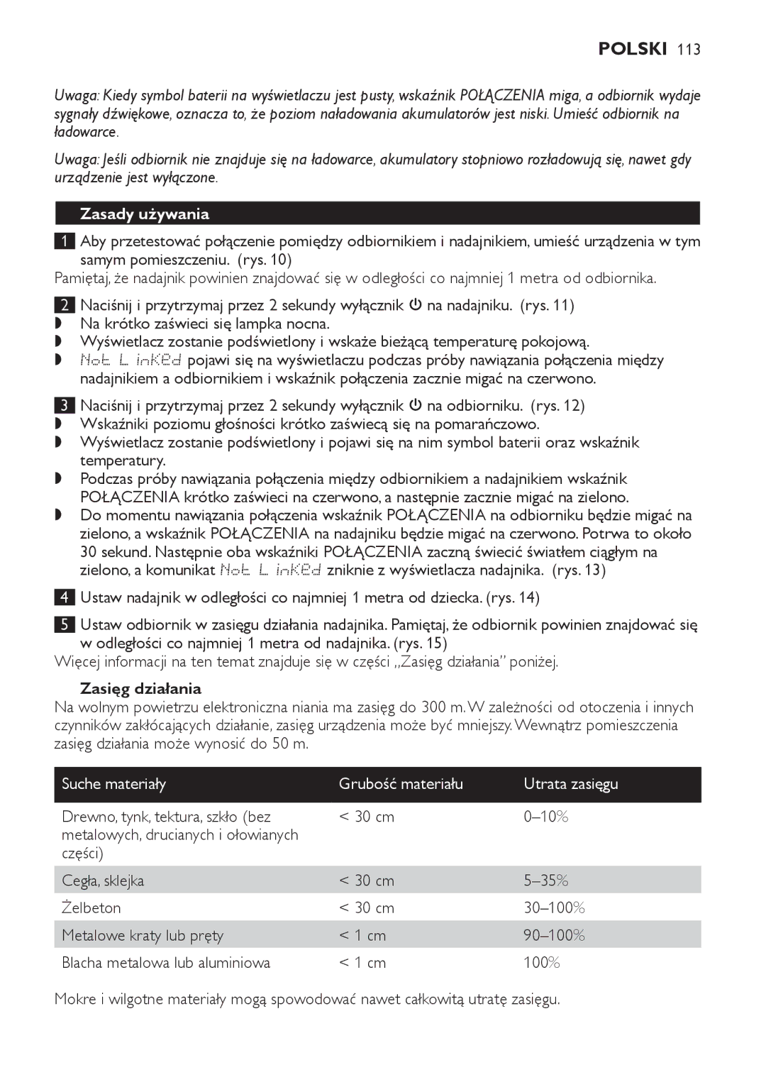 Philips SCD489 manual Zasady używania, Zasięg działania, Suche materiały Grubość materiału Utrata zasięgu 