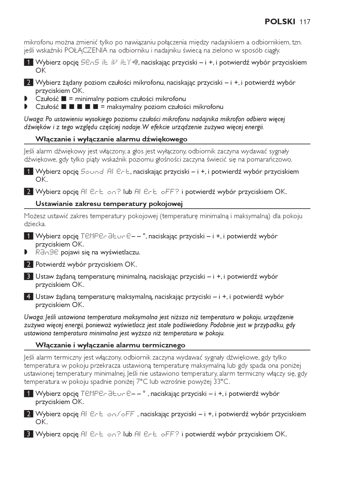 Philips SCD489 manual Włączanie i wyłączanie alarmu dźwiękowego, Ustawianie zakresu temperatury pokojowej 