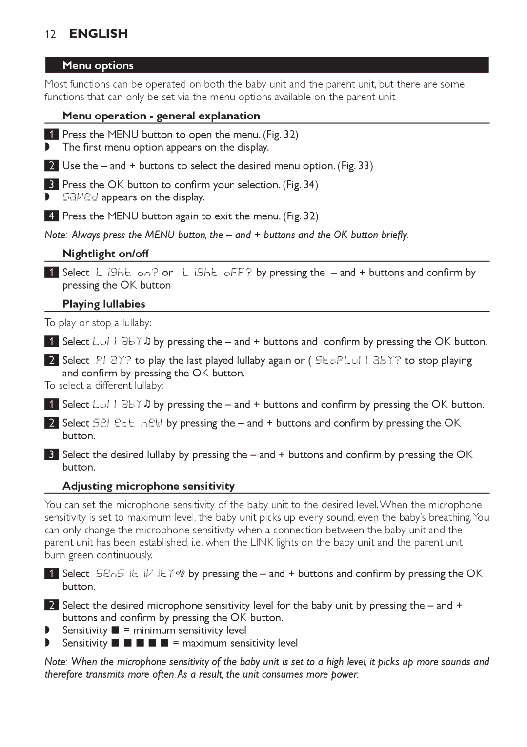 Philips SCD489 manual Menu options, Menu operation general explanation, Nightlight on/off, Playing lullabies 