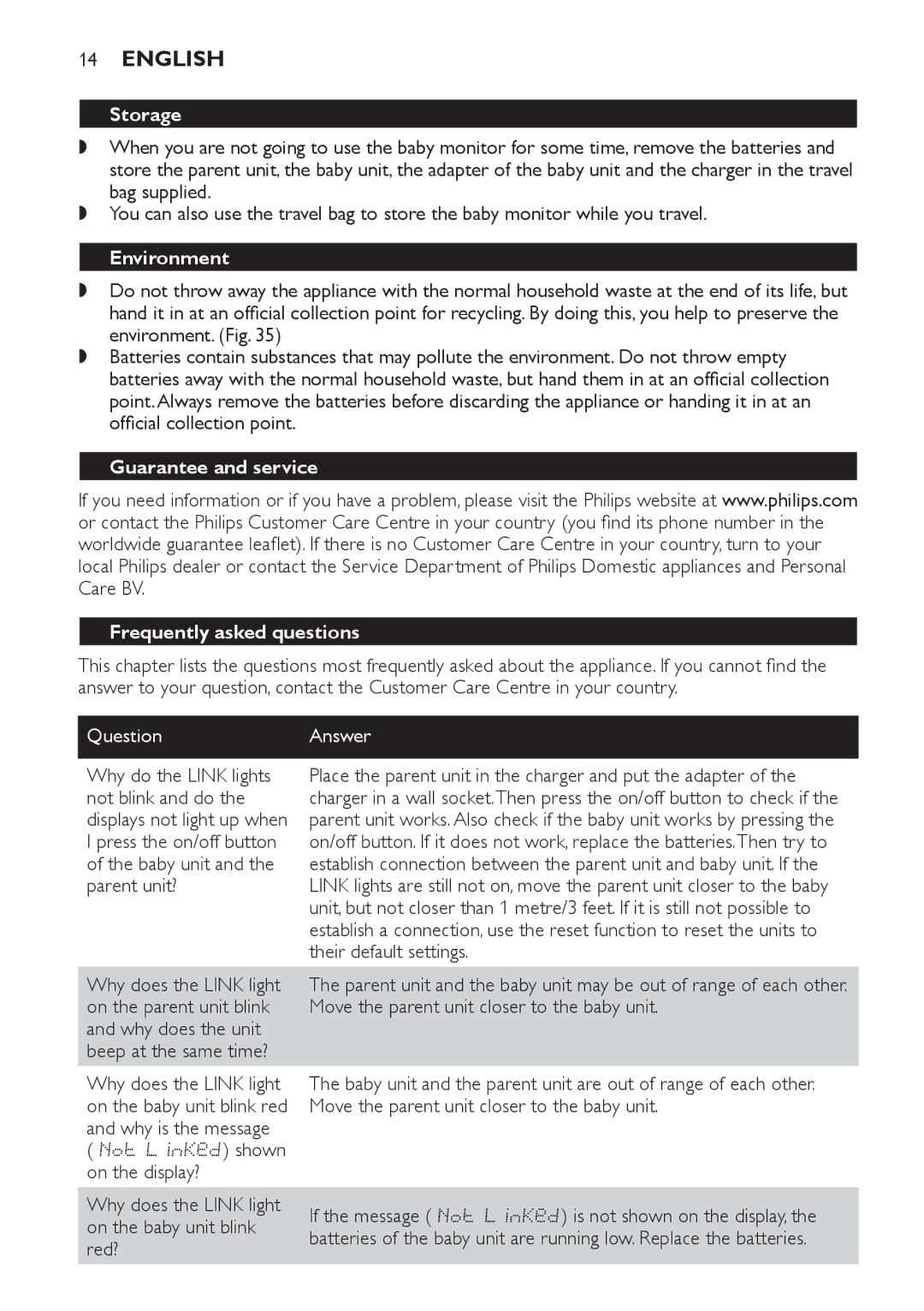 Philips SCD489 manual Storage, Environment, Guarantee and service, Frequently asked questions, Question Answer 