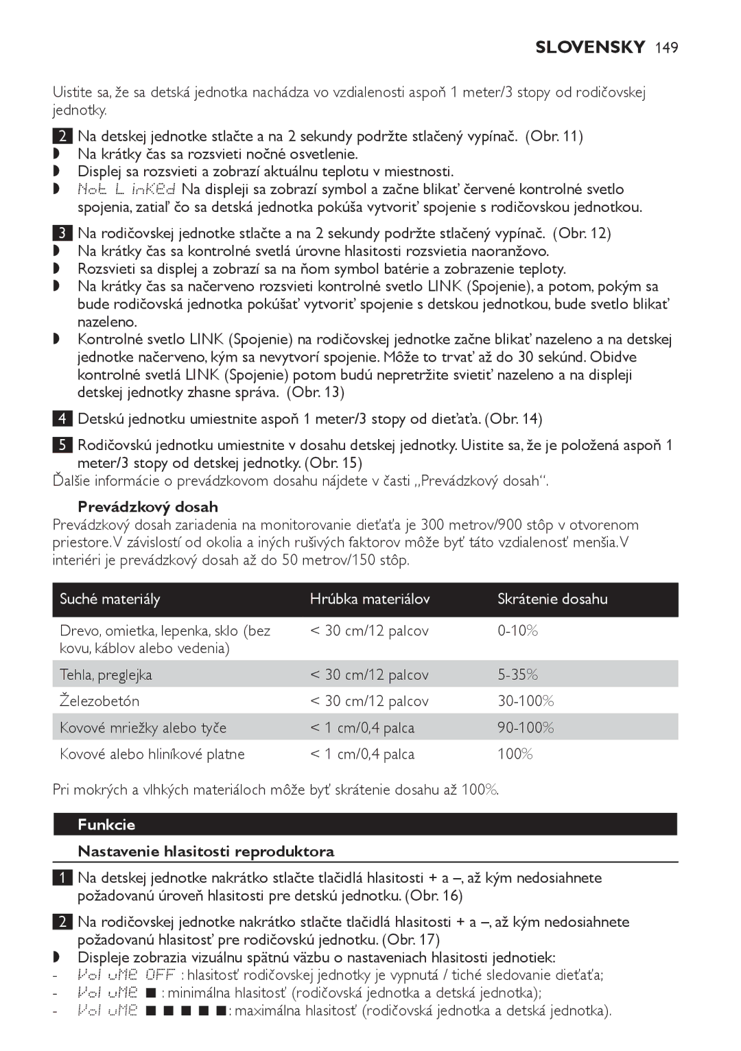 Philips SCD489 manual Prevádzkový dosah, Suché materiály Hrúbka materiálov Skrátenie dosahu, Funkcie 