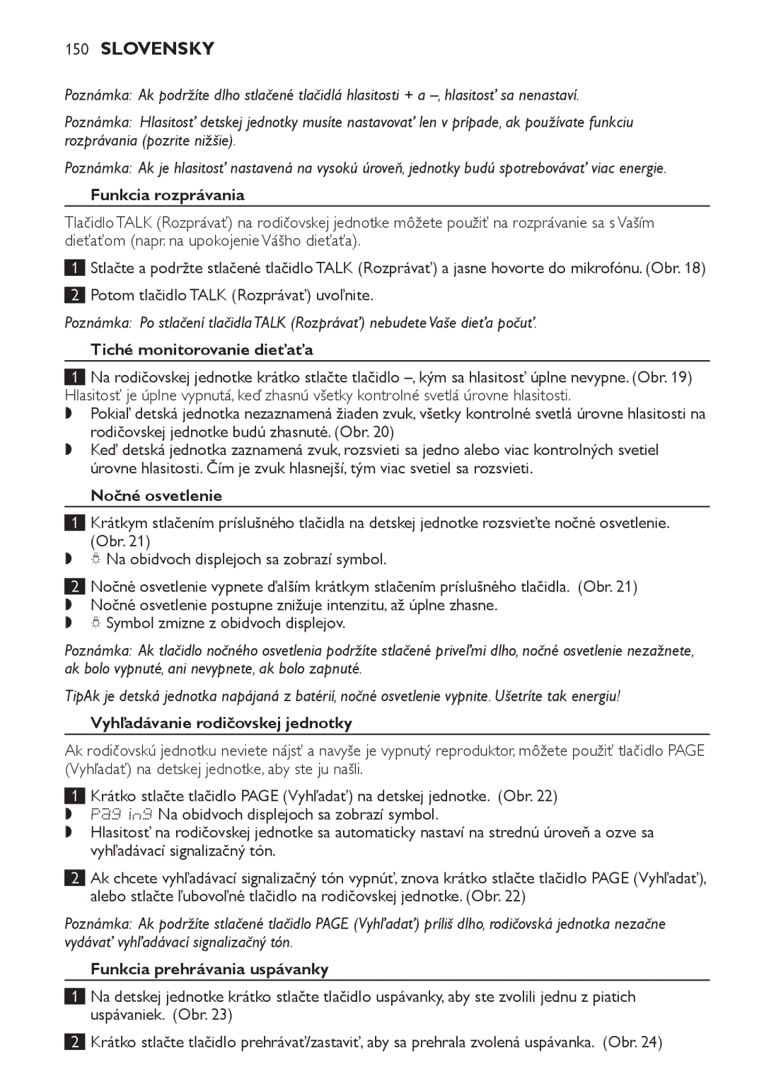 Philips SCD489 manual Funkcia rozprávania, Tiché monitorovanie dieťaťa, Nočné osvetlenie, Vyhľadávanie rodičovskej jednotky 