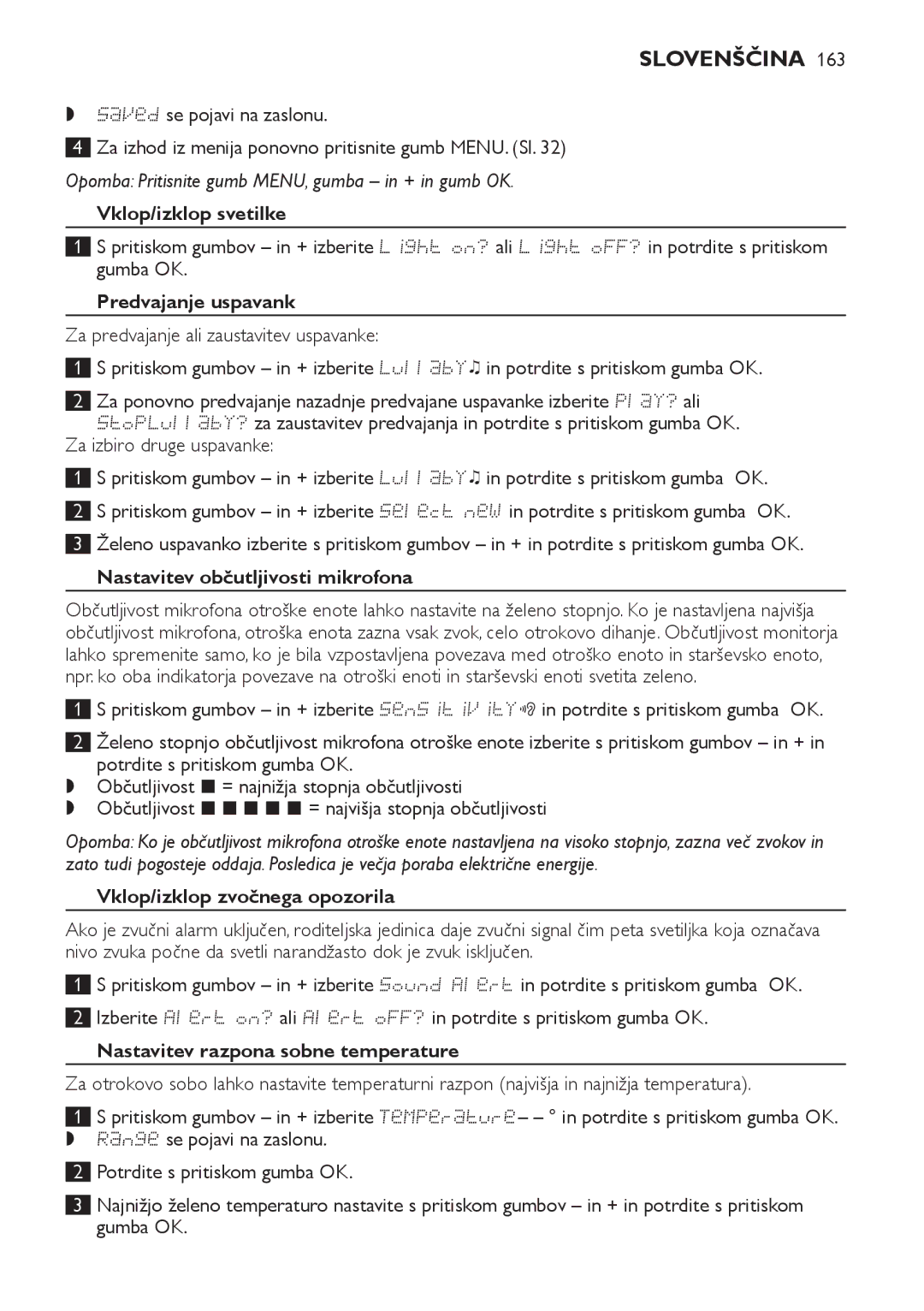 Philips SCD489 manual Vklop/izklop svetilke, Predvajanje uspavank, Nastavitev občutljivosti mikrofona 