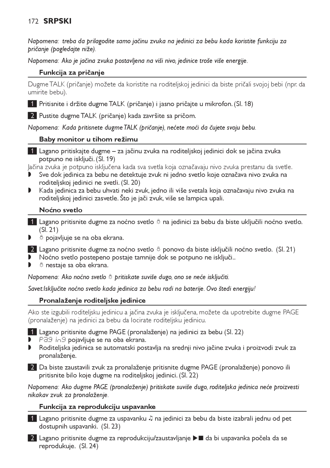 Philips SCD489 manual Funkcija za pričanje, Baby monitor u tihom režimu, Noćno svetlo, Pronalaženje roditeljske jedinice 