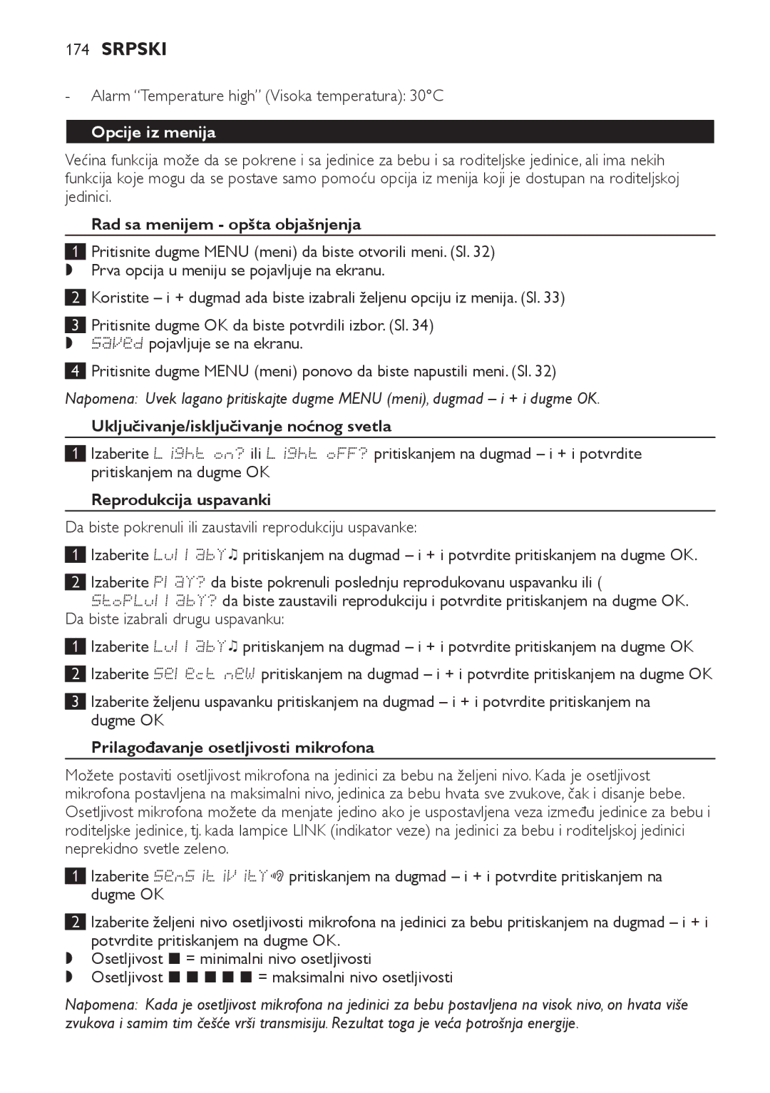 Philips SCD489 manual Opcije iz menija, Rad sa menijem opšta objašnjenja, Uključivanje/isključivanje noćnog svetla 