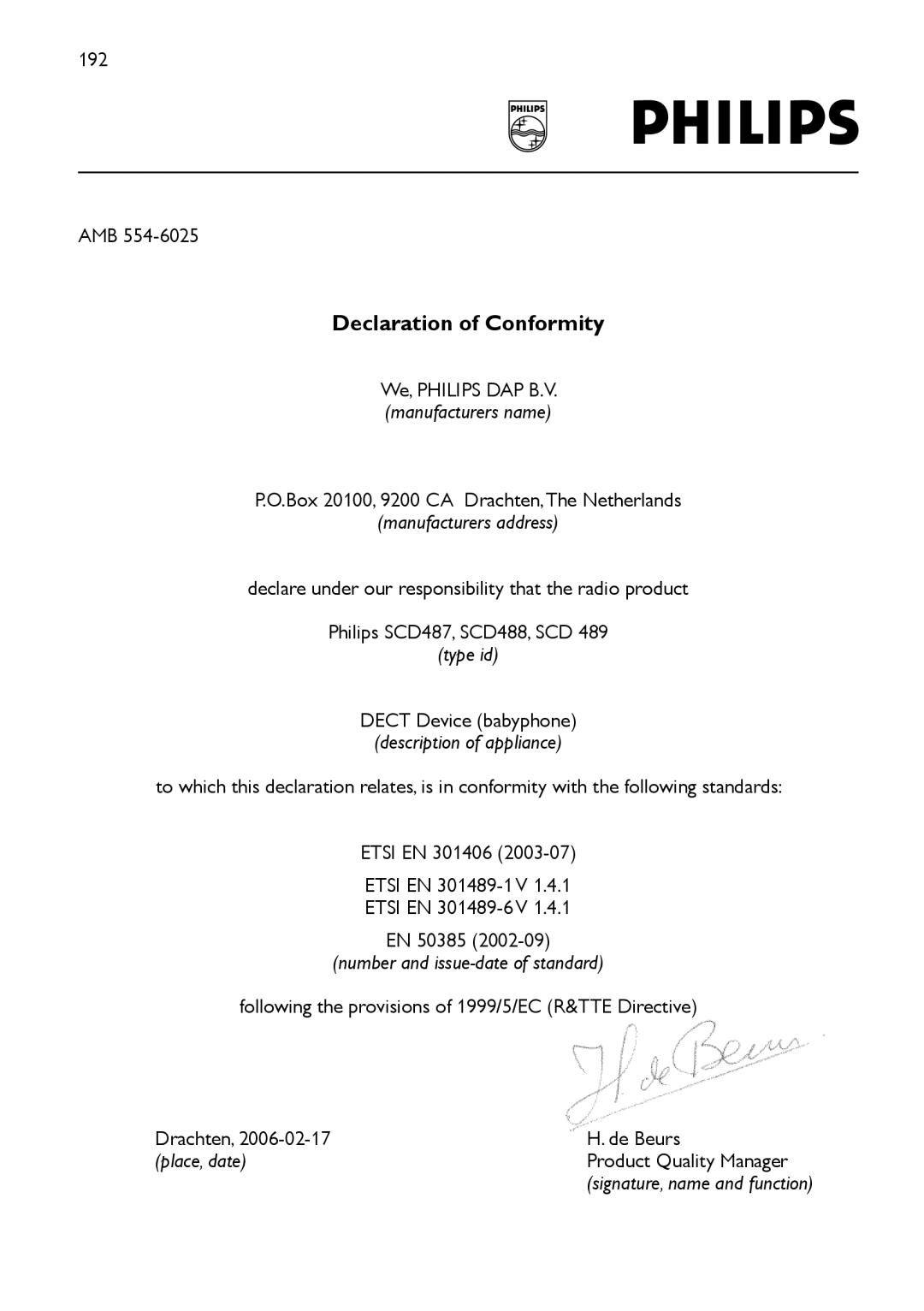 Philips SCD489 manual Declaration of Conformity 