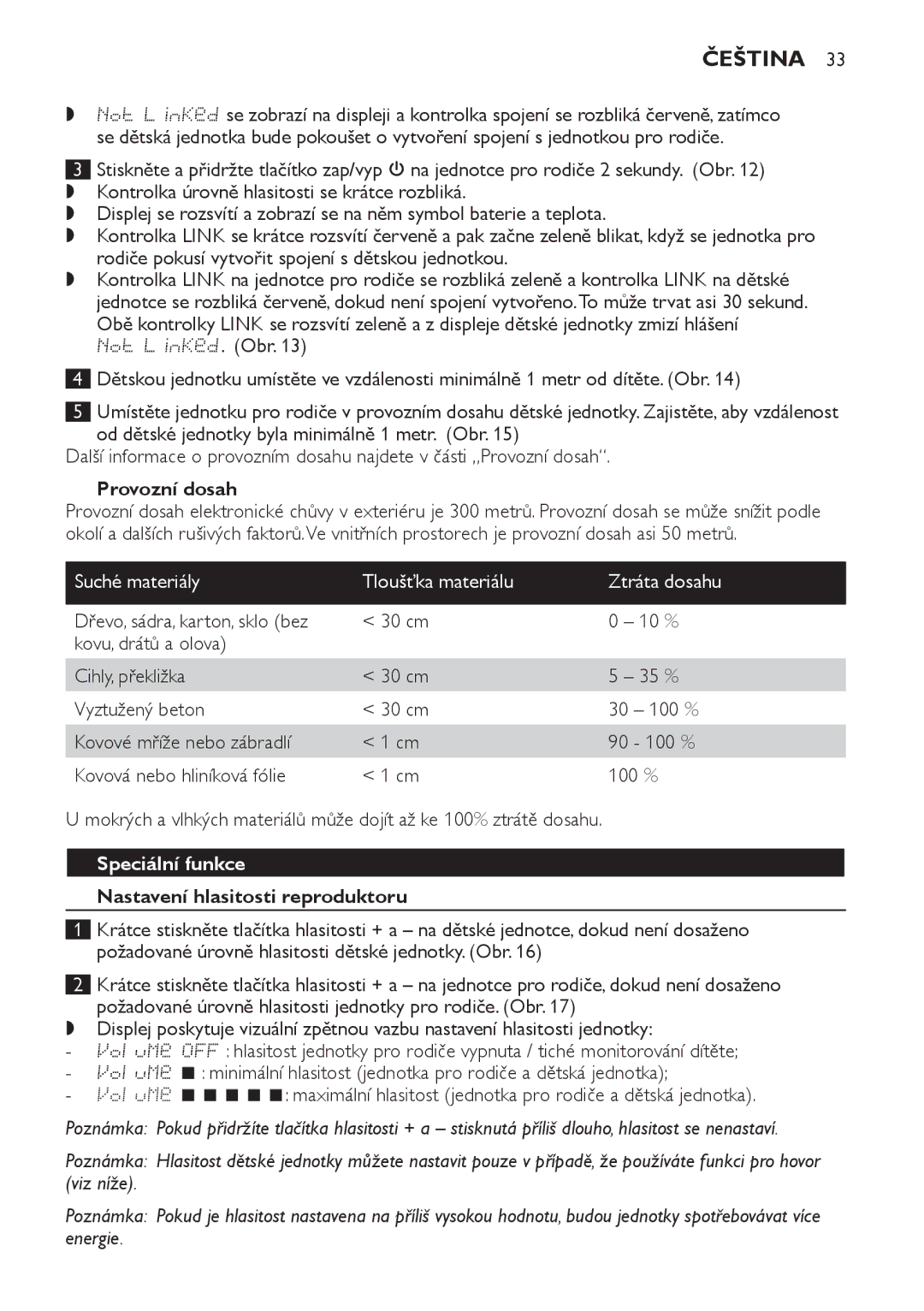 Philips SCD489 manual Provozní dosah, Suché materiály Tloušťka materiálu Ztráta dosahu, Speciální funkce 