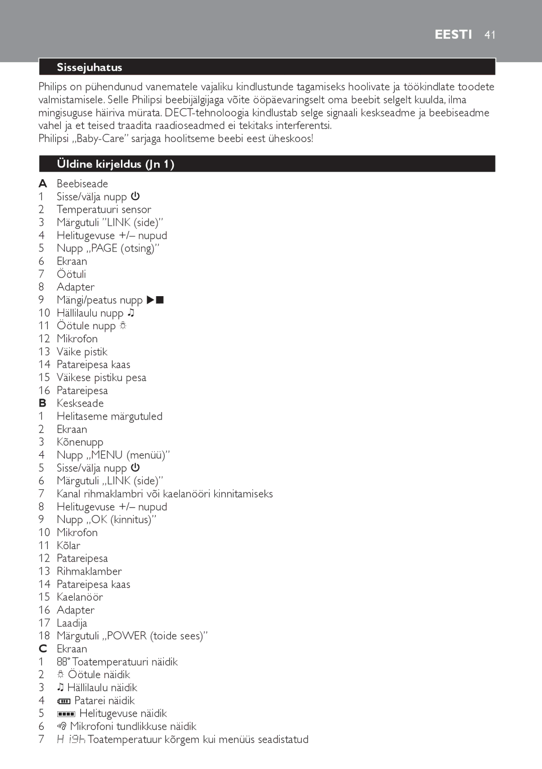 Philips SCD489 manual Eesti, Sissejuhatus, Philipsi „Baby-Care sarjaga hoolitseme beebi eest üheskoos, Üldine kirjeldus Jn 