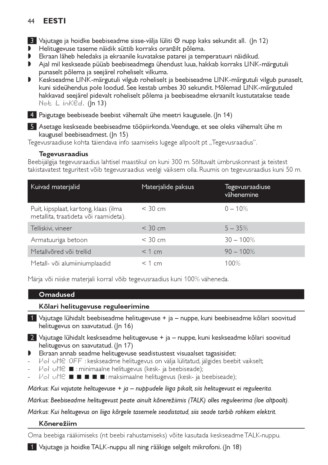 Philips SCD489 manual Tegevusraadius, Omadused, Kõlari helitugevuse reguleerimine, Kõnerežiim 