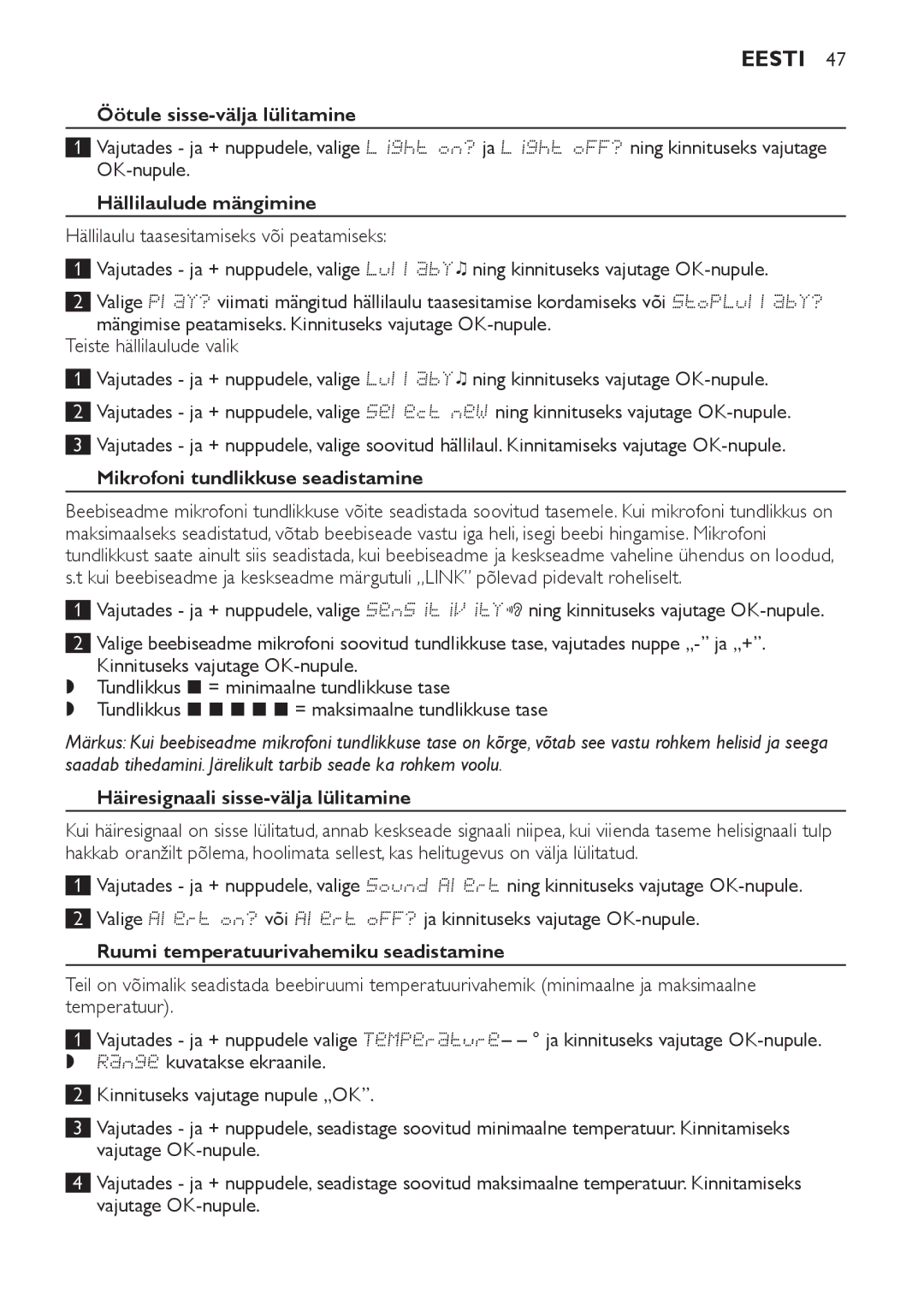 Philips SCD489 manual Öötule sisse-välja lülitamine, Hällilaulude mängimine, Mikrofoni tundlikkuse seadistamine 