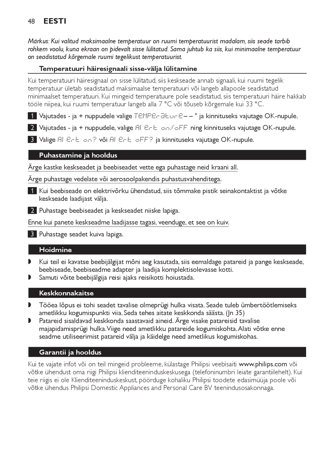 Philips SCD489 manual Temperatuuri häiresignaali sisse-välja lülitamine, Puhastamine ja hooldus, Hoidmine, Keskkonnakaitse 