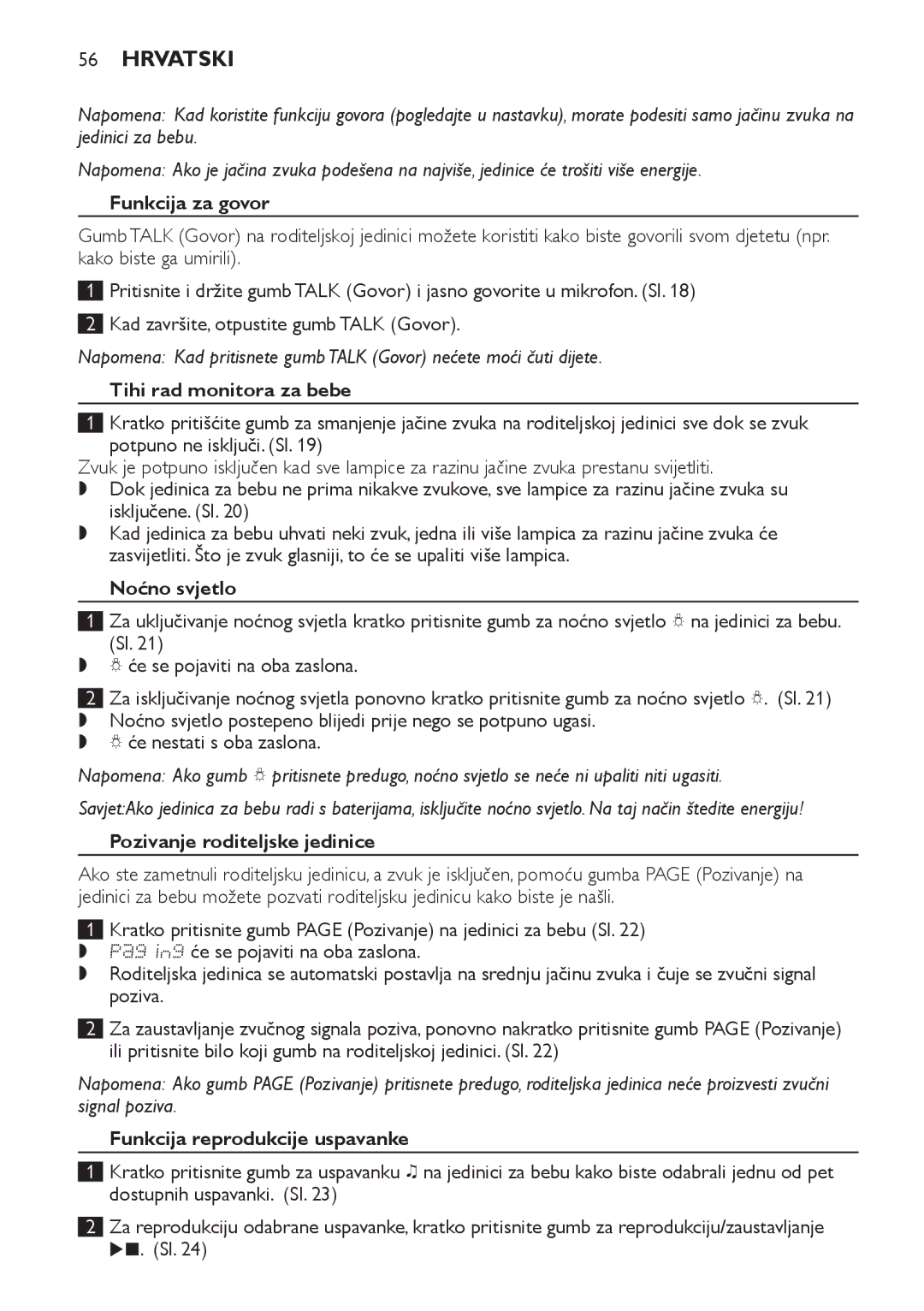 Philips SCD489 manual Funkcija za govor, Tihi rad monitora za bebe, Noćno svjetlo, Pozivanje roditeljske jedinice 
