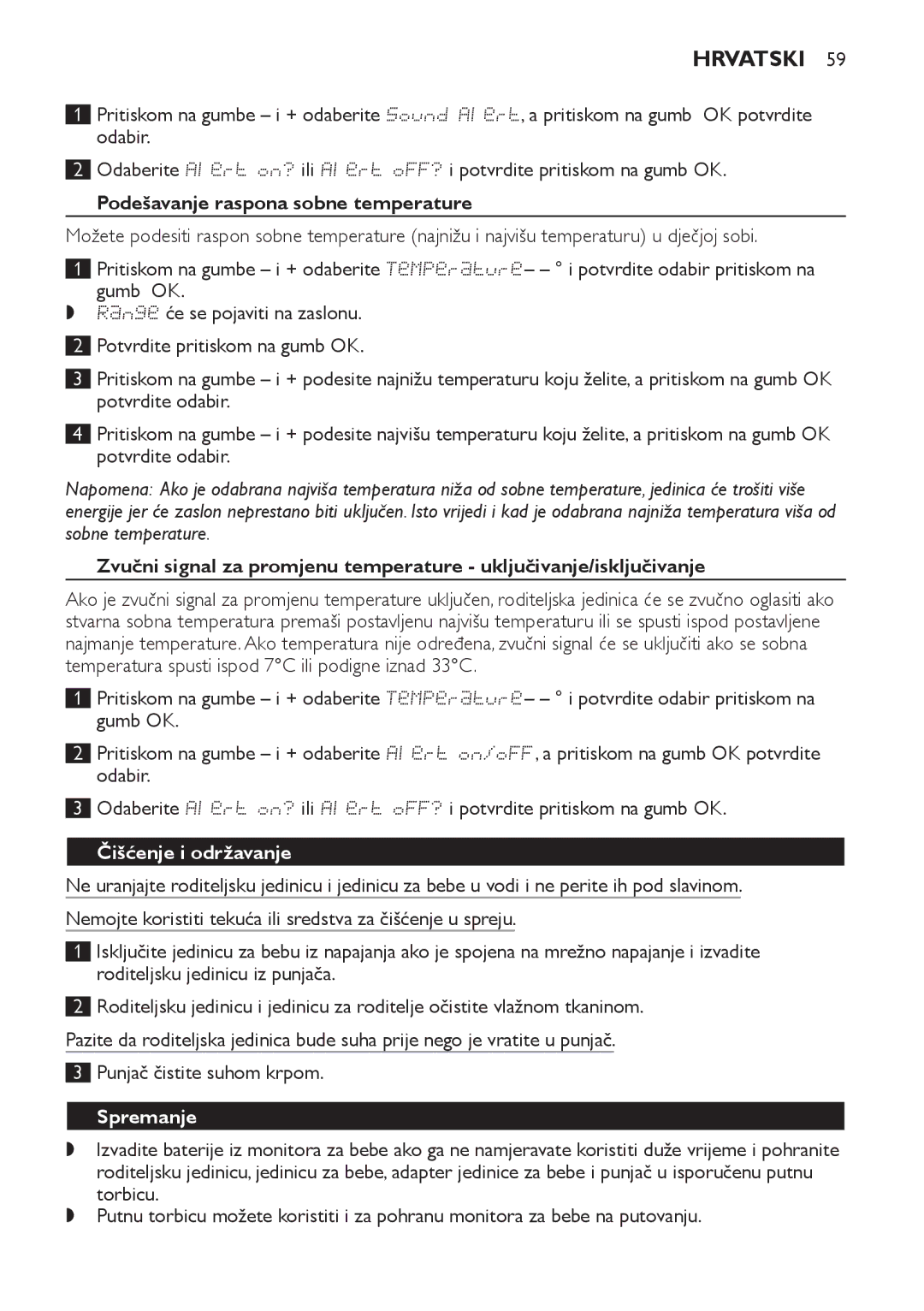 Philips SCD489 manual Podešavanje raspona sobne temperature, Čišćenje i održavanje, Spremanje 