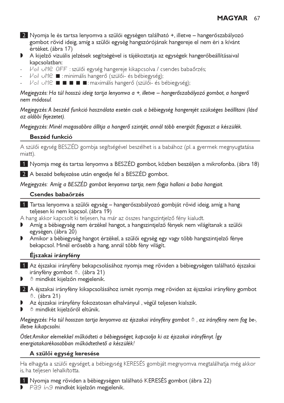 Philips SCD489 manual Beszéd funkció, Csendes babaőrzés, Éjszakai irányfény, Szülői egység keresése 