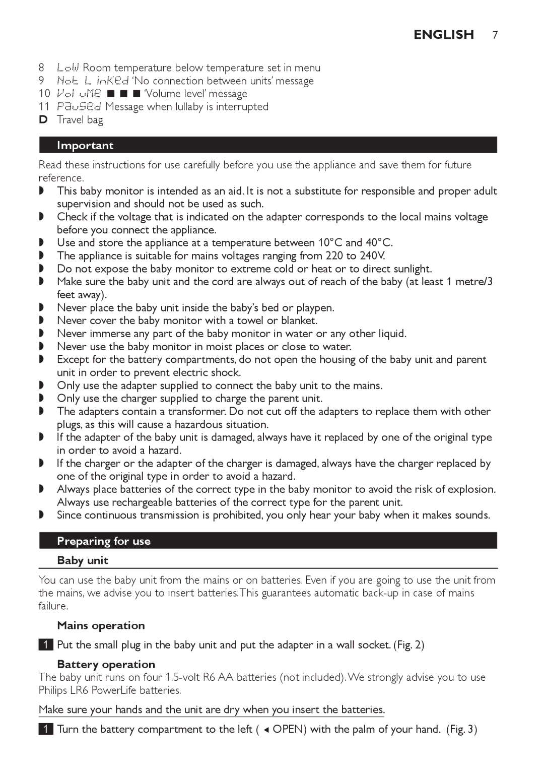 Philips SCD489 manual English, Preparing for use, Baby unit, Mains operation, Battery operation 