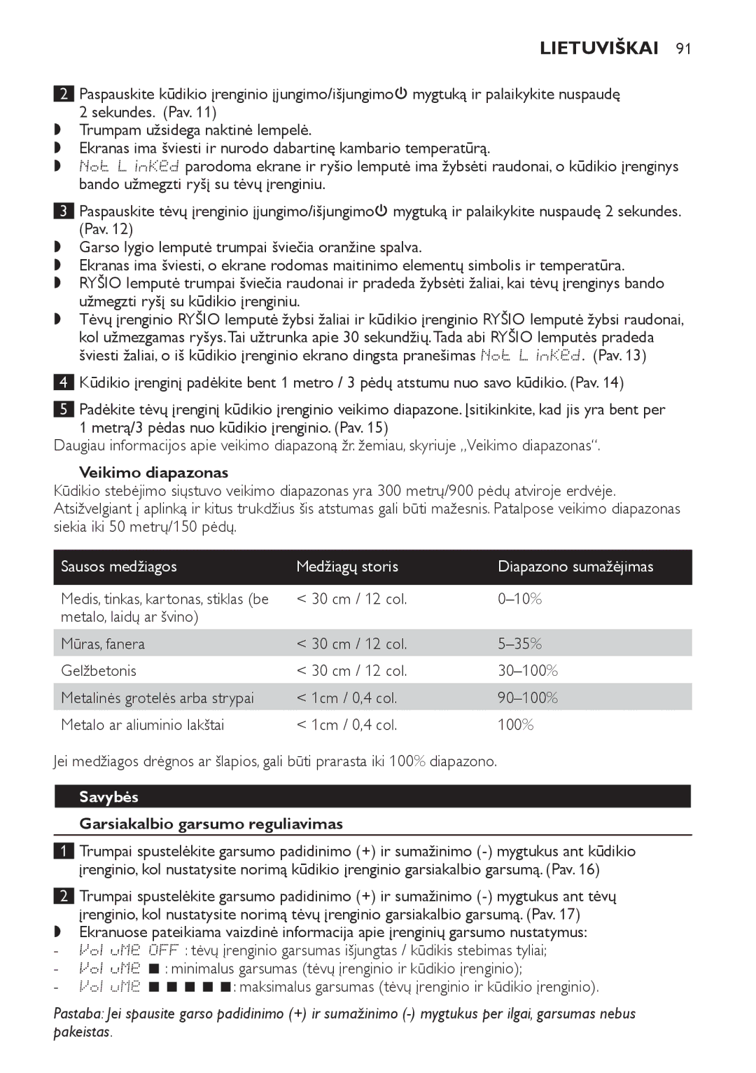 Philips SCD489 manual Veikimo diapazonas, Sausos medžiagos Medžiagų storis Diapazono sumažėjimas, Savybės 