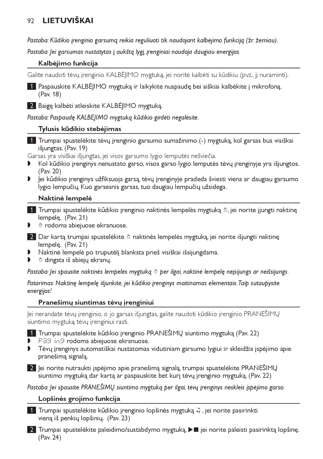 Philips SCD489 manual Kalbėjimo funkcija, Tylusis kūdikio stebėjimas, Naktinė lempelė, Pranešimų siuntimas tėvų įrenginiui 