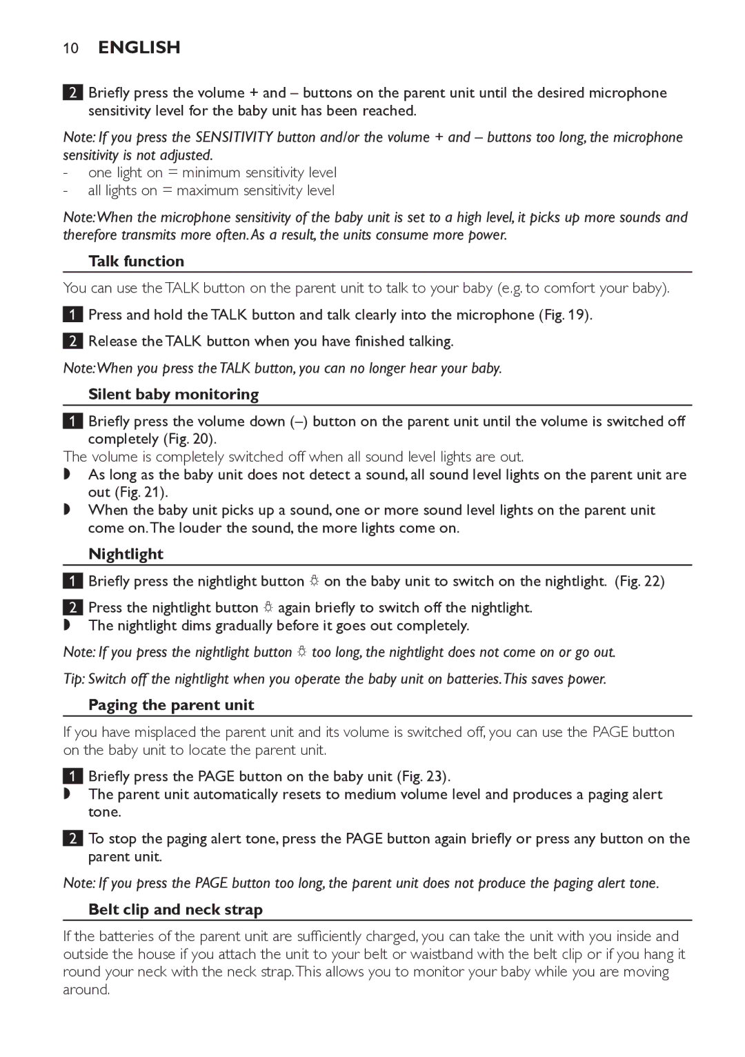 Philips SCD498 manual Talk function, Silent baby monitoring, Nightlight, Paging the parent unit, Belt clip and neck strap 