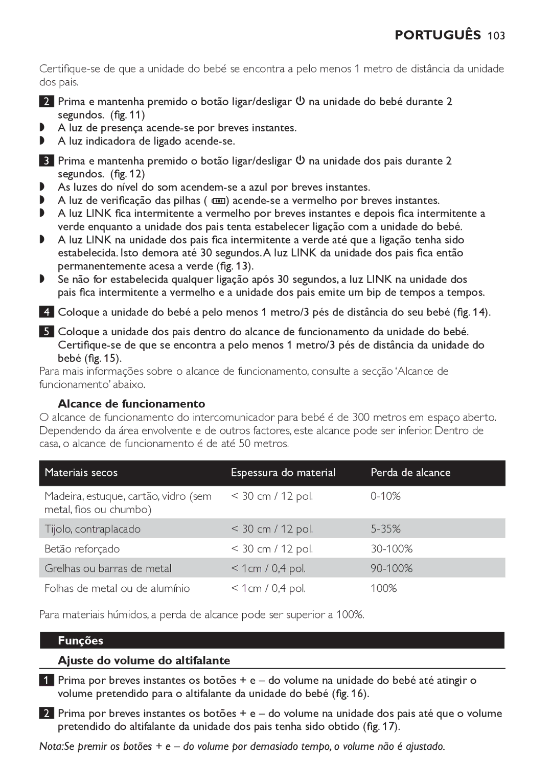 Philips SCD498 manual Alcance de funcionamento, Materiais secos, Perda de alcance, Funções, Ajuste do volume do altifalante 