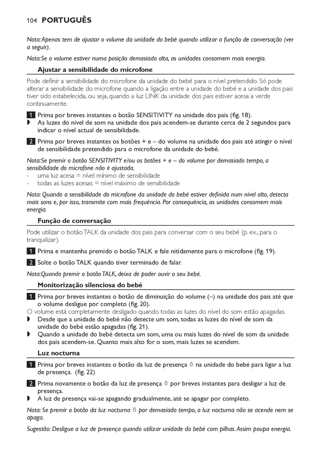 Philips SCD498 manual Ajustar a sensibilidade do microfone, Função de conversação, Monitorização silenciosa do bebé 