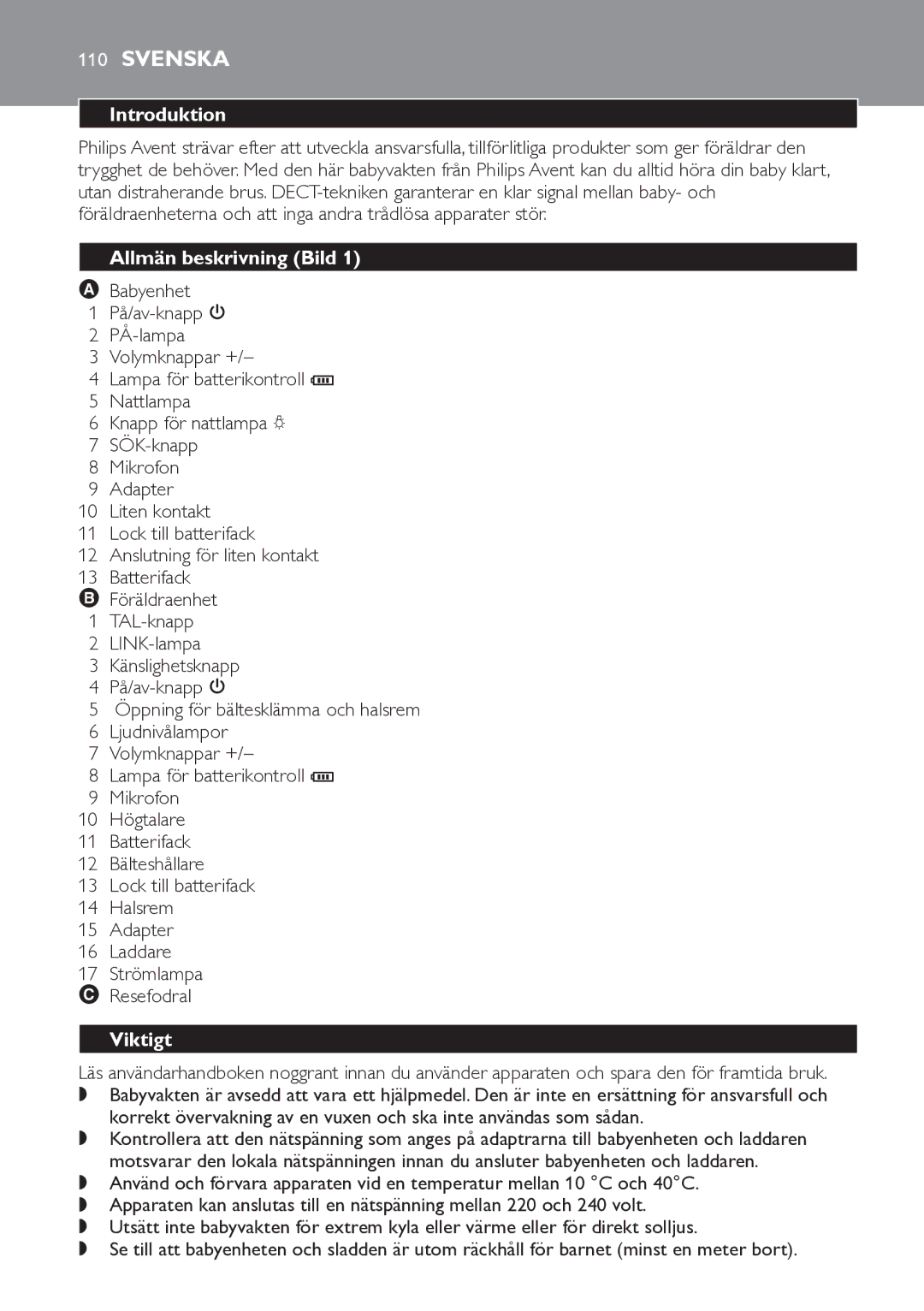 Philips SCD498 manual Svenska, Allmän beskrivning Bild, Viktigt 