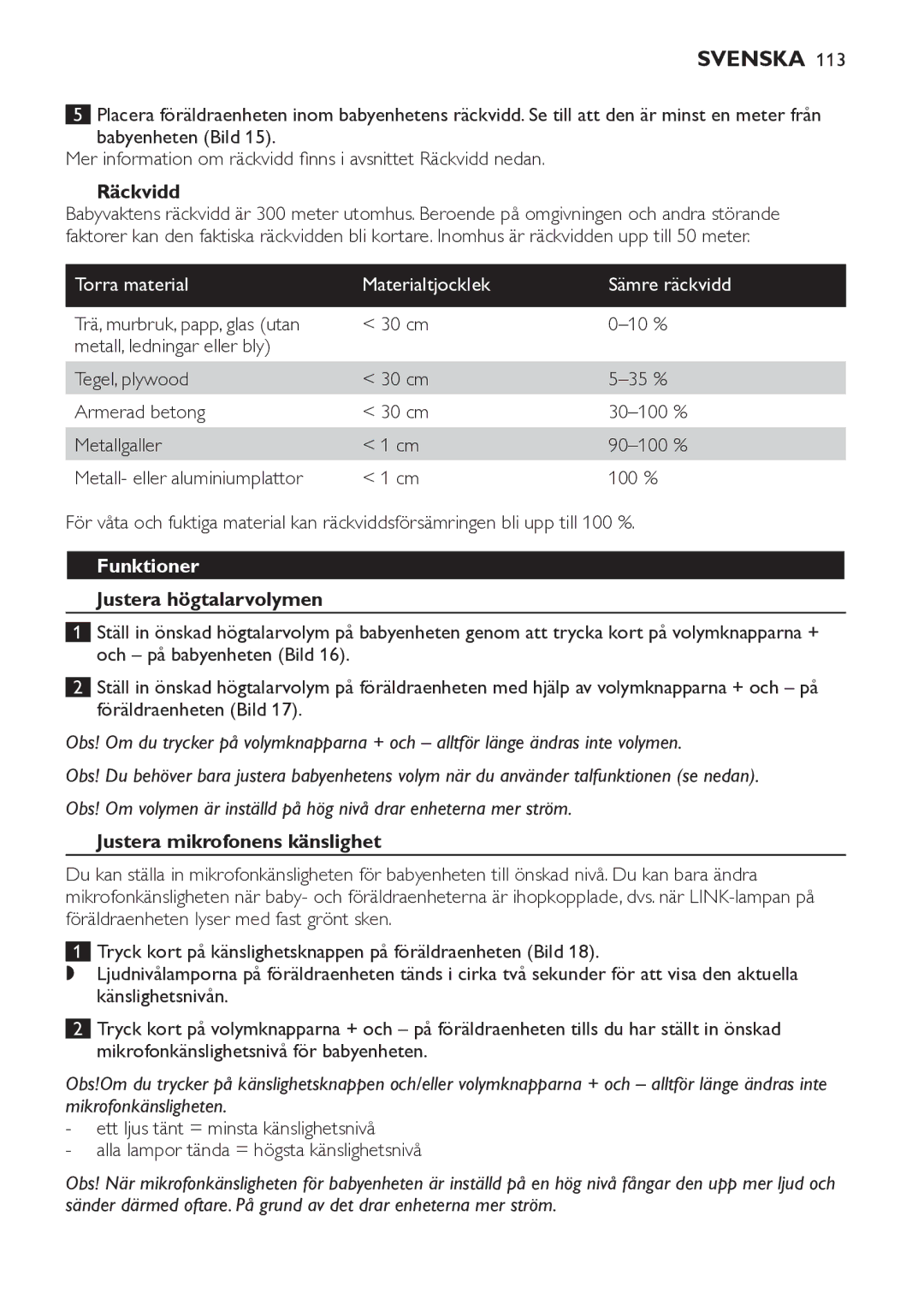 Philips SCD498 manual Räckvidd, Torra material Materialtjocklek Sämre räckvidd, Justera högtalarvolymen 