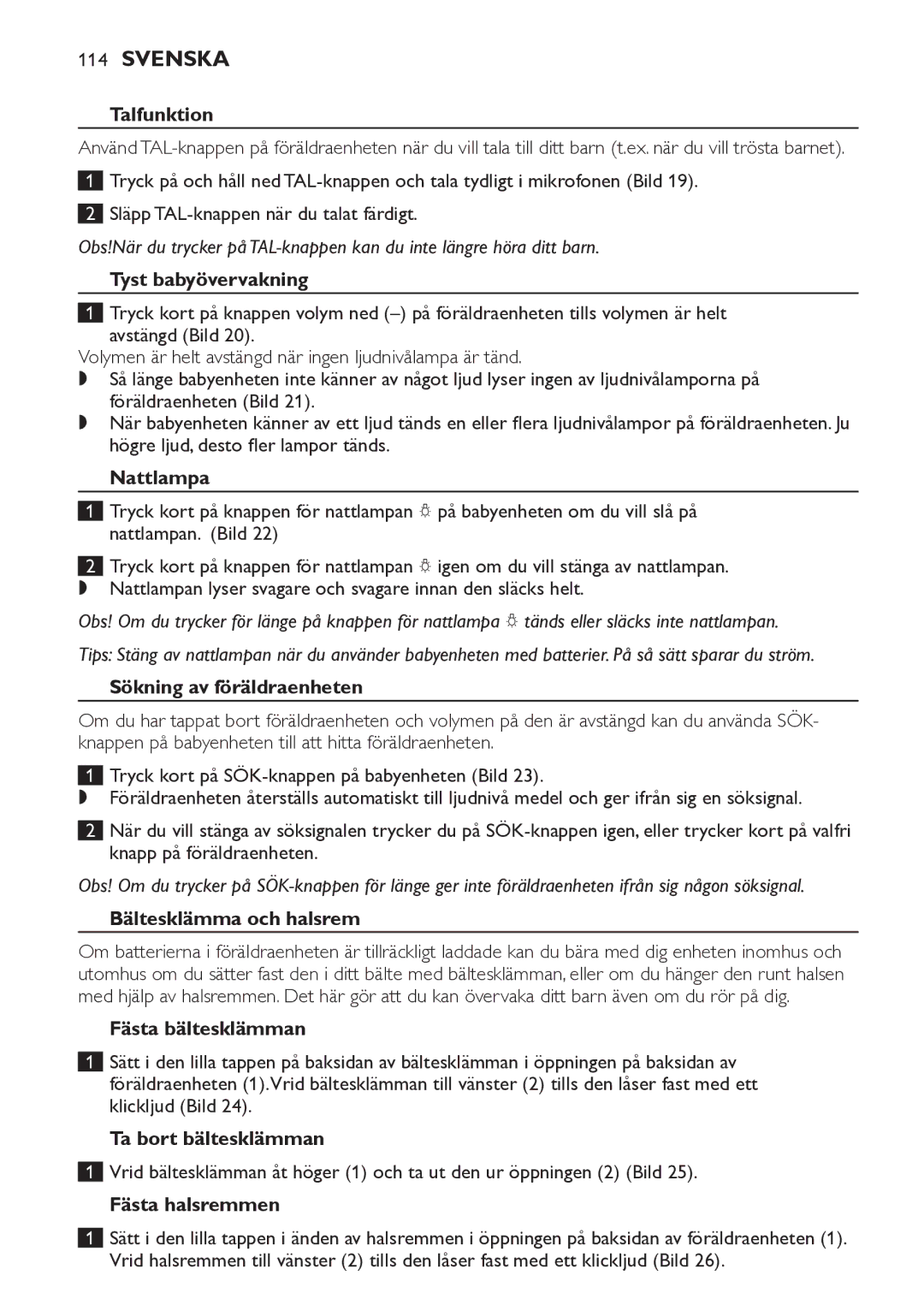 Philips SCD498 manual Talfunktion, Tyst babyövervakning, Nattlampa, Sökning av föräldraenheten, Bältesklämma och halsrem 