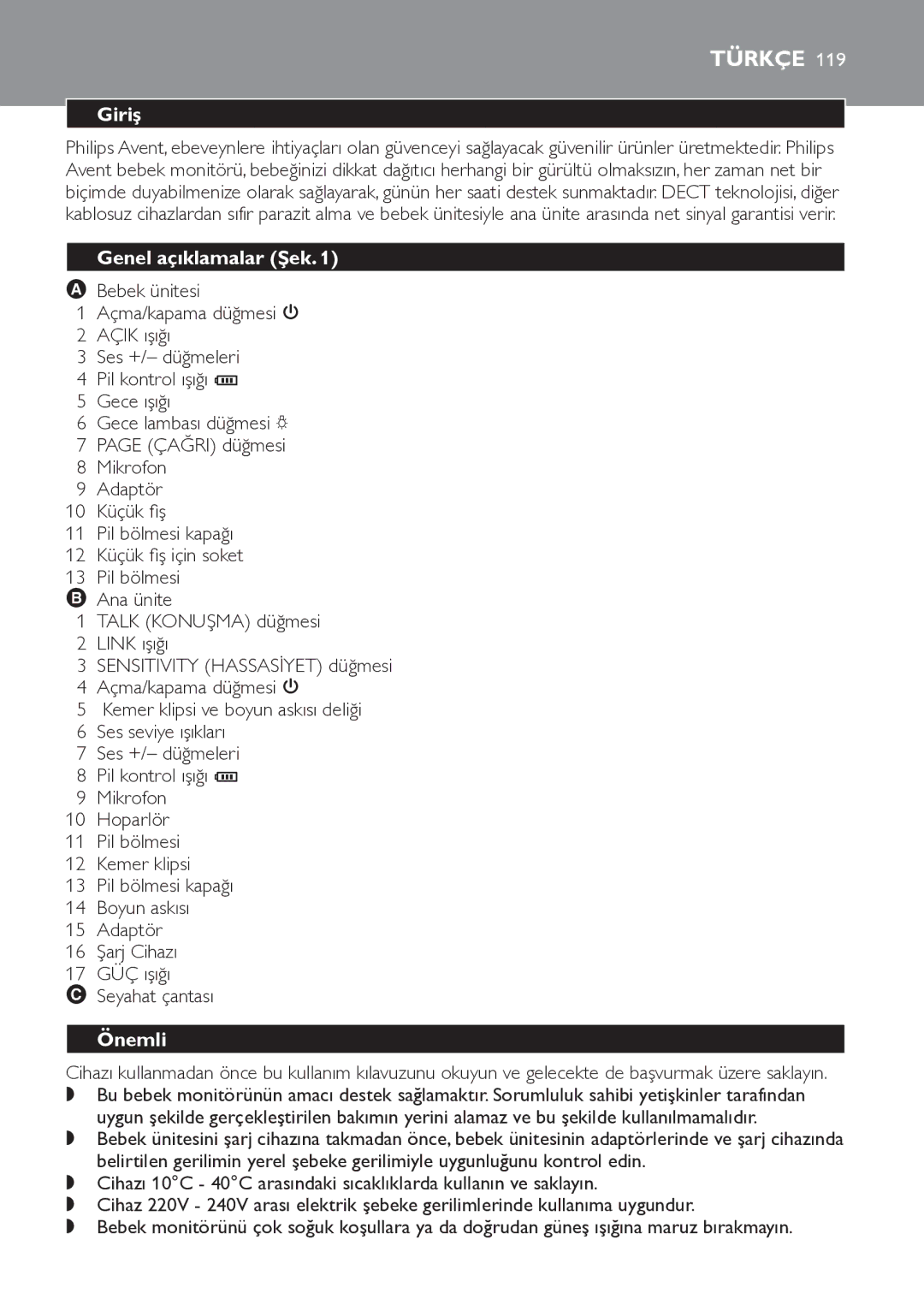 Philips SCD498 manual Türkçe, Giriş, Genel açıklamalar Şek, Önemli 