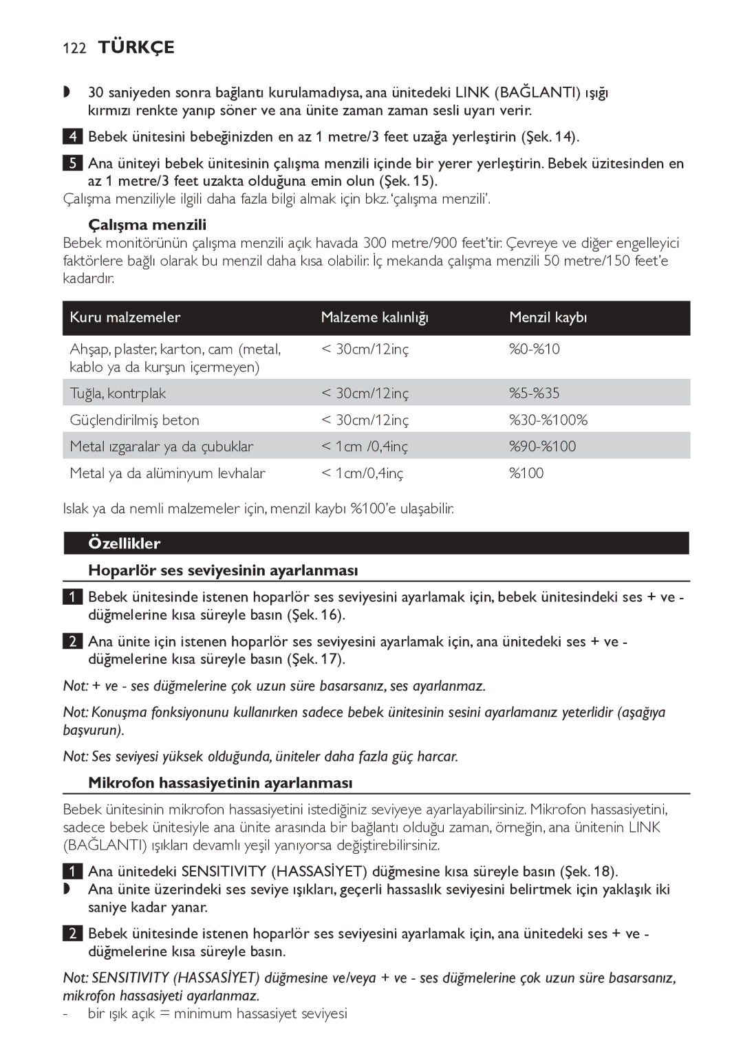 Philips SCD498 manual 122 Türkçe, Çalışma menzili, Özellikler, Hoparlör ses seviyesinin ayarlanması 