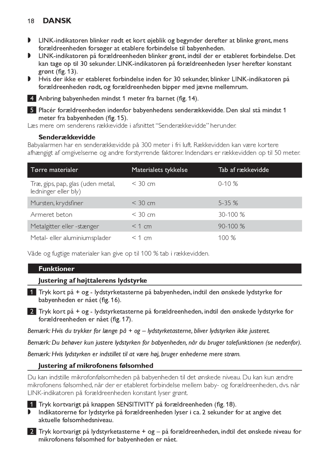 Philips SCD498 manual Senderækkevidde, Tørre materialer Materialets tykkelse Tab af rækkevidde, Funktioner 